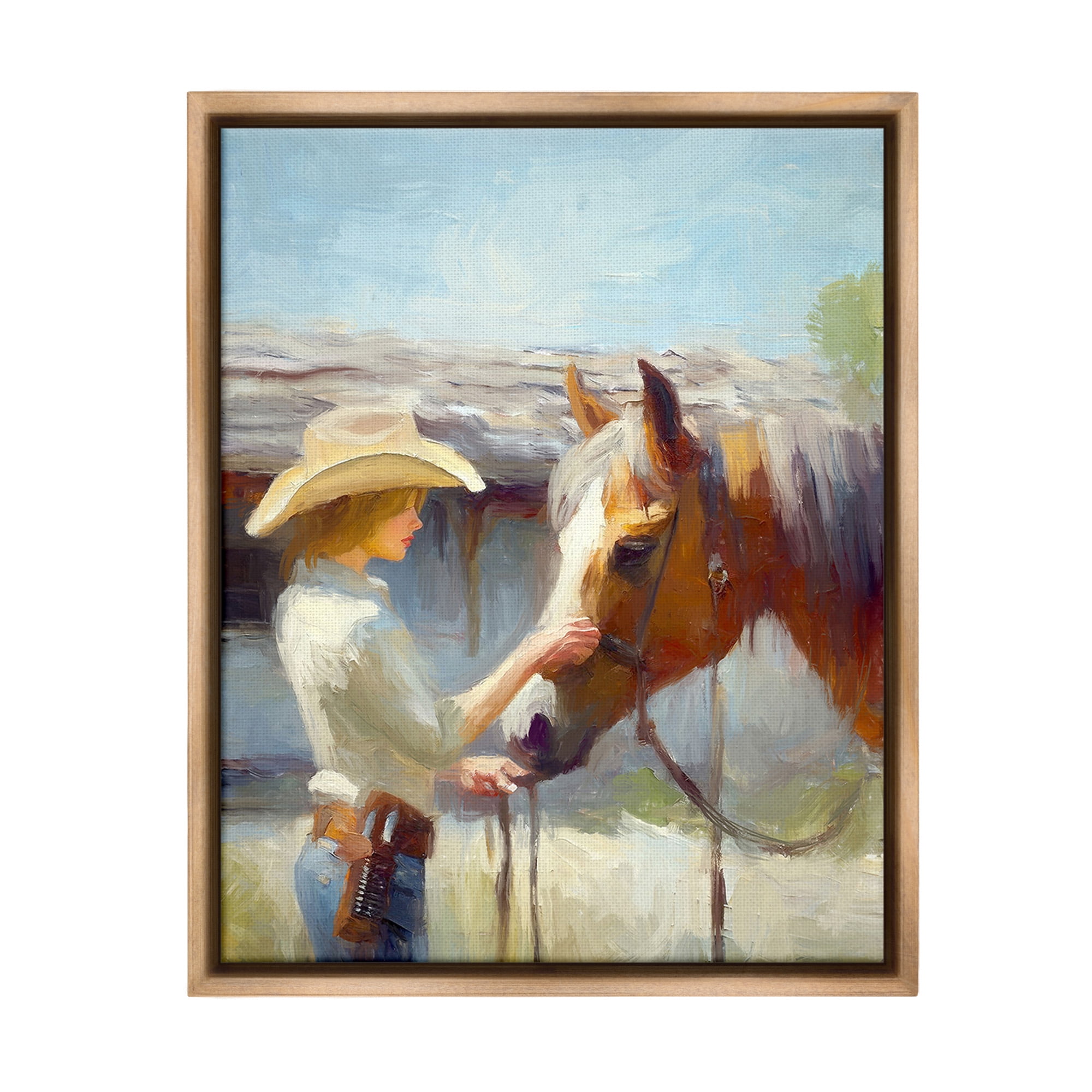 Stupell Industries Girl Caring For Horse Animals & Insects Painting Brown Floater Framed Canvas Art Print Wall Art, 17 x 21