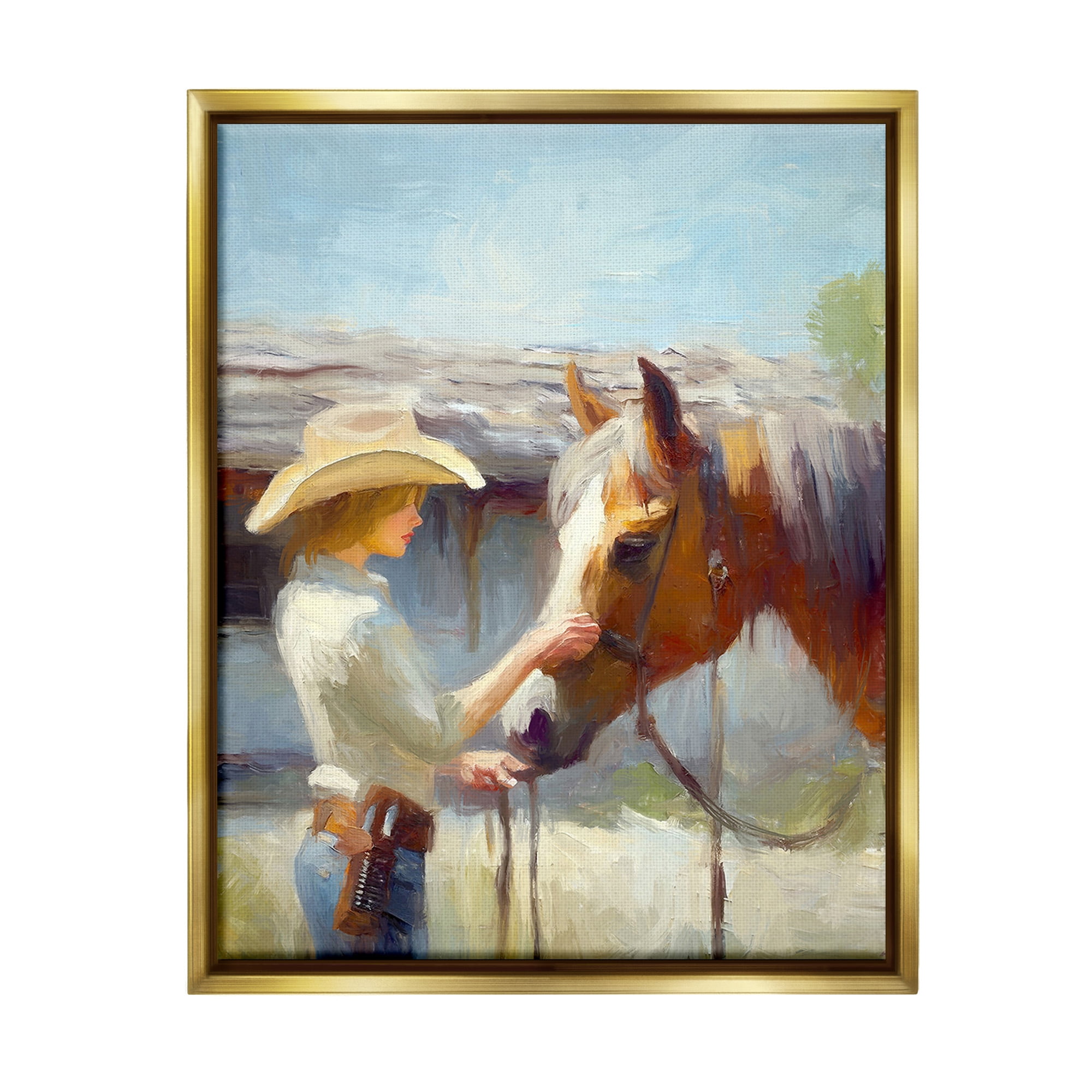 Stupell Industries Girl Caring For Horse Animals & Insects Painting Gold Floater Framed Canvas Art Print Wall Art, 17 x 21