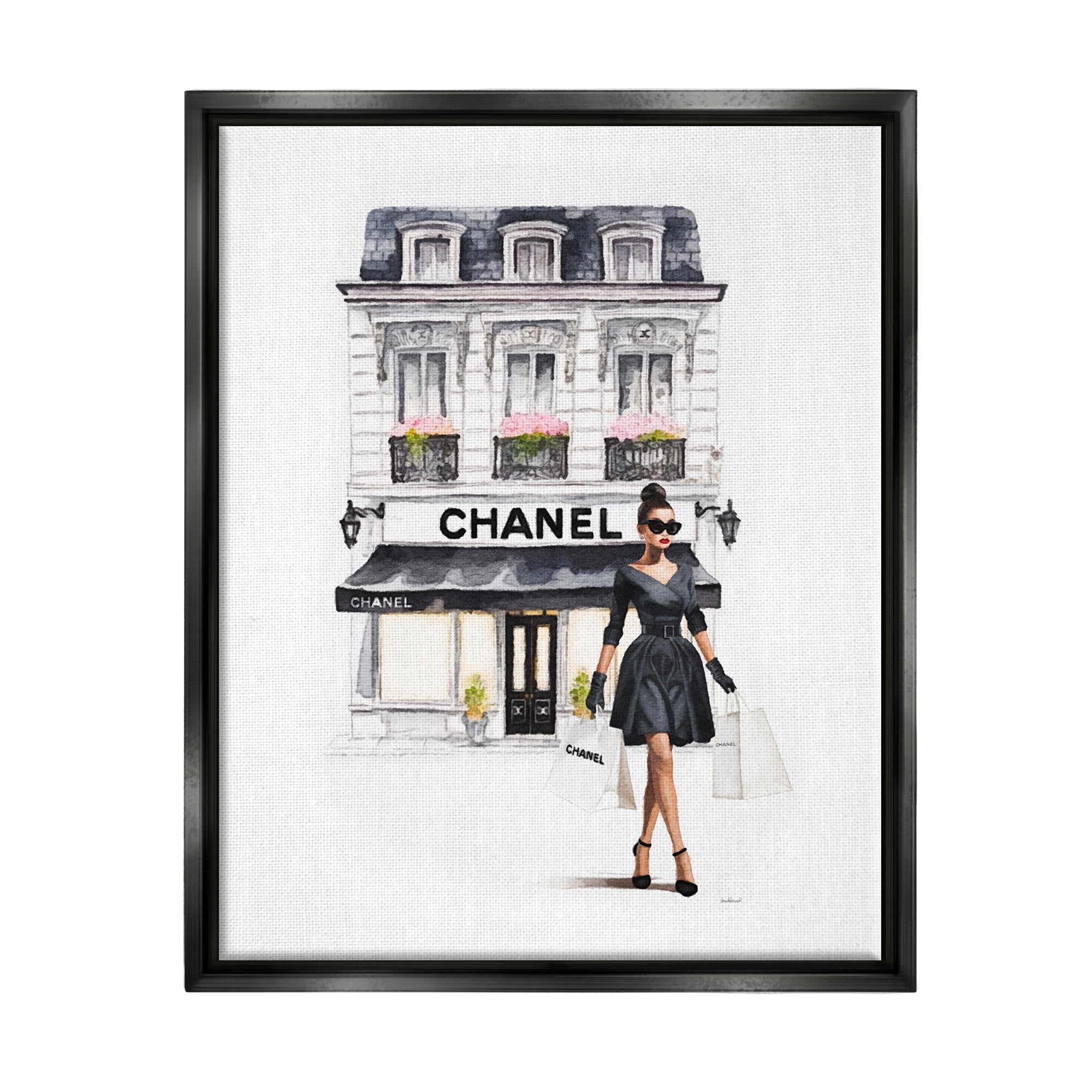 Stupell Industries Girl & Fashion Shop Town & City Painting Black Floater Framed Canvas Art Print Wall Art, 17 x 21