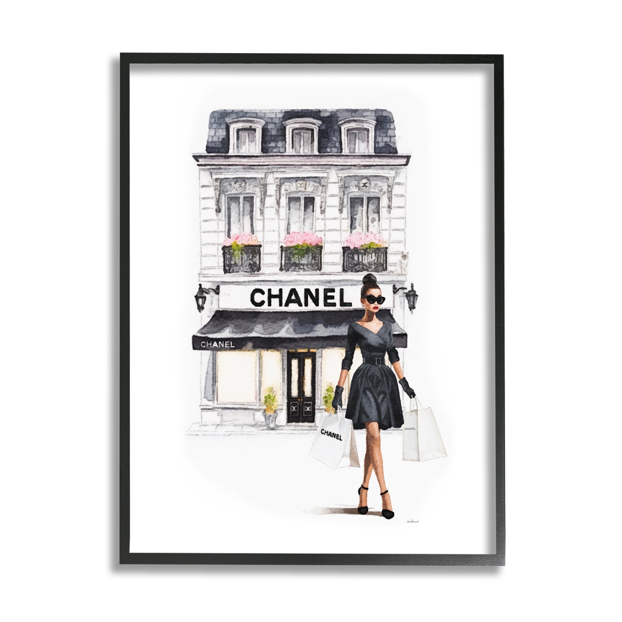 Stupell Industries Girl & Fashion Shop Town & City Painting Black Framed Art Print Wall Art, 11 x 14