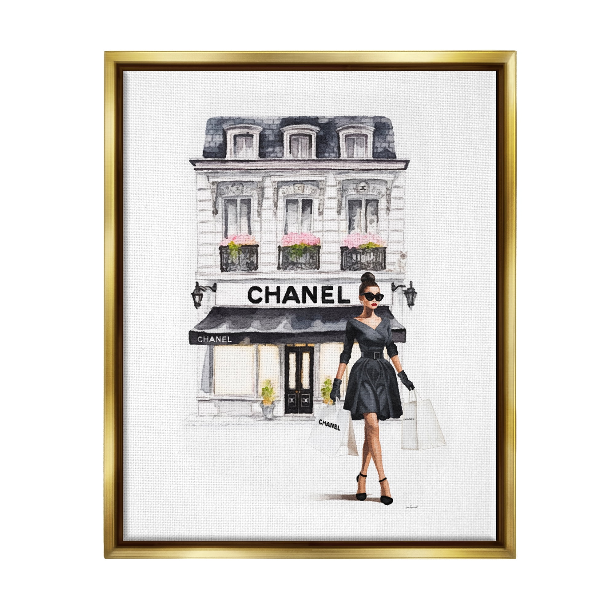 Stupell Industries Girl & Fashion Shop Town & City Painting Gold Floater Framed Canvas Art Print Wall Art, 25 x 31
