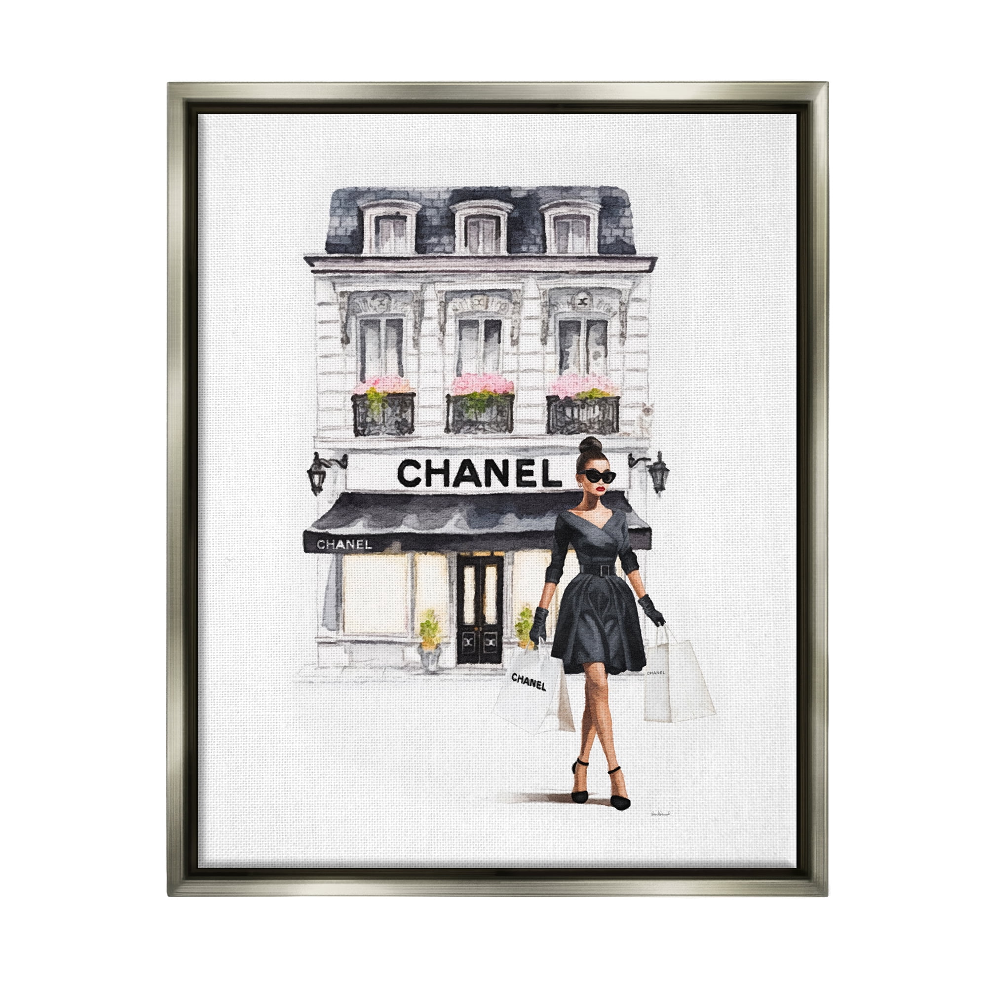 Stupell Industries Girl & Fashion Shop Town & City Painting Gray Floater Framed Canvas Art Print Wall Art, 25 x 31
