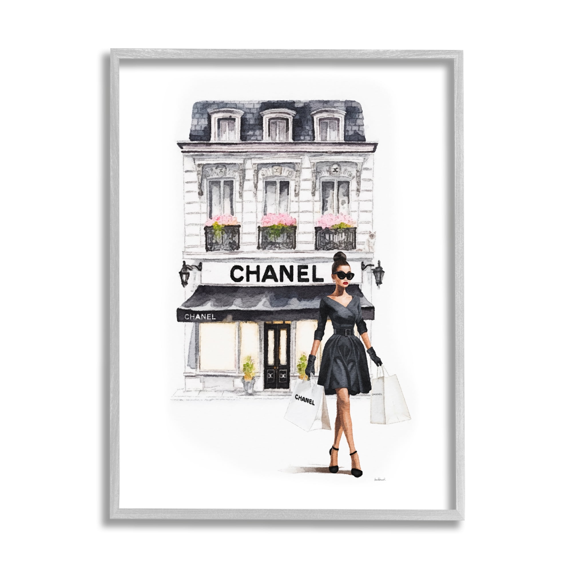 Stupell Industries Girl & Fashion Shop Town & City Painting Gray Framed Art Print Wall Art, 24 x 30