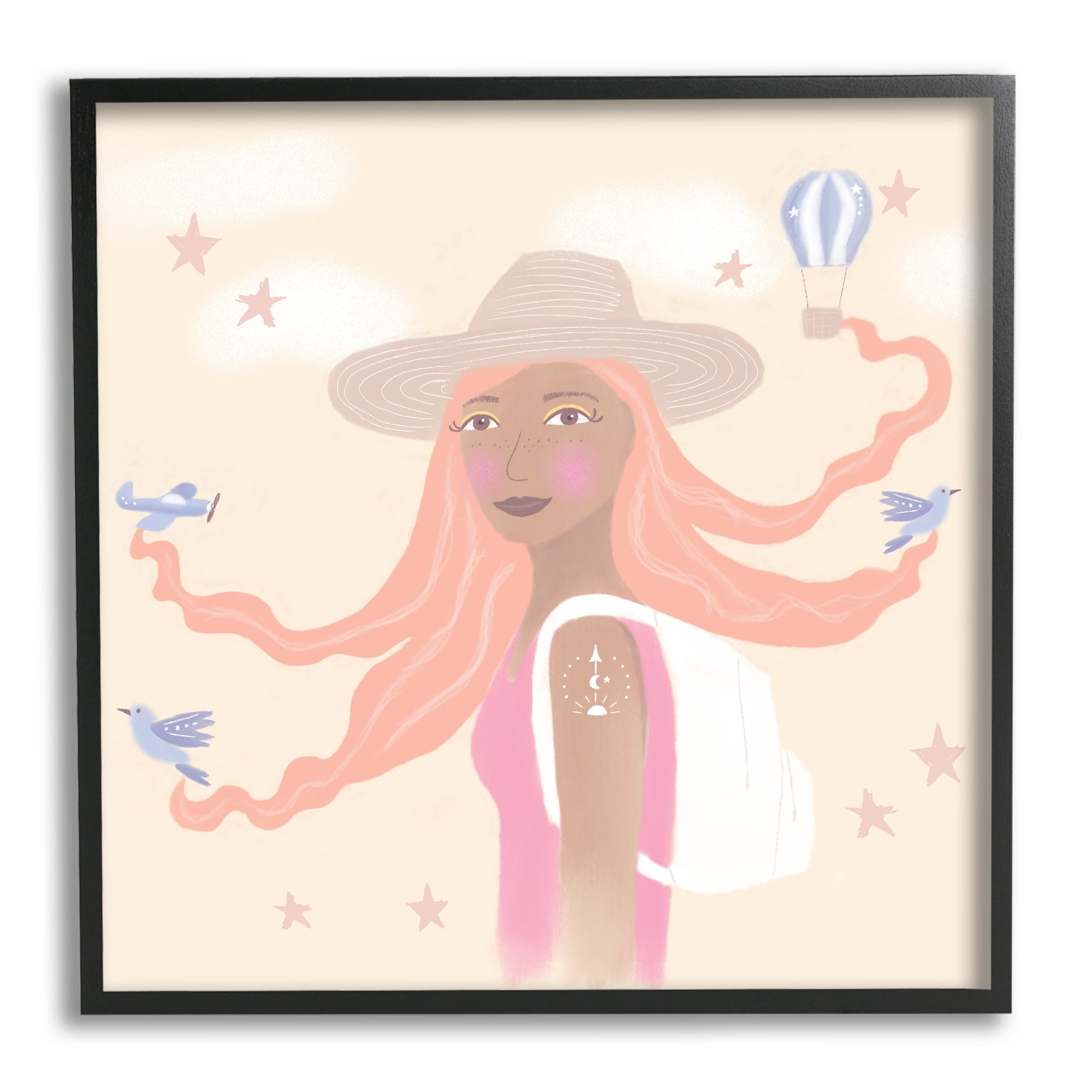 Stupell Industries Girl Flowing Hair Birds Plane Hot Air Balloon, 12 x 12, Design by Tina Devins