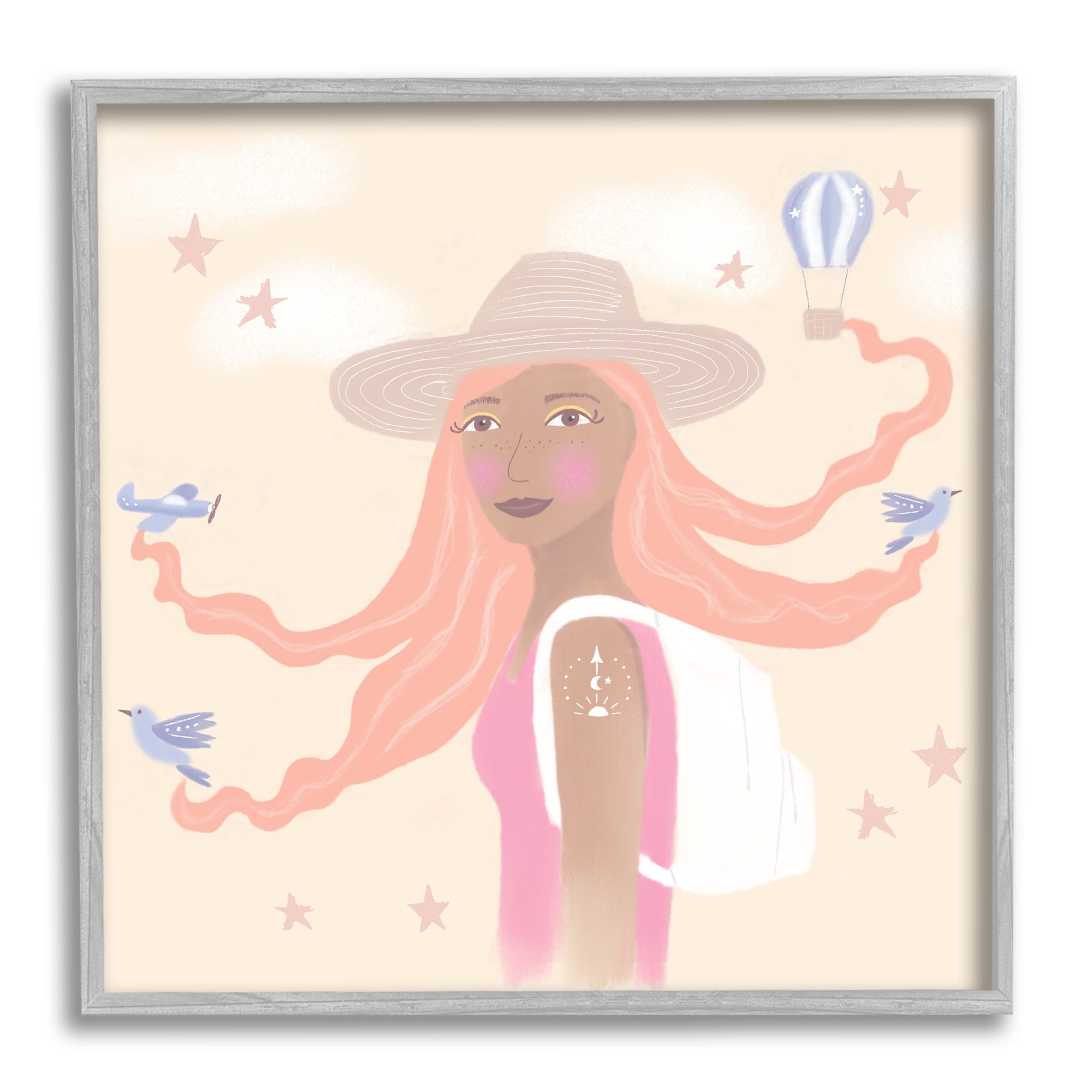 Stupell Industries Girl Flowing Hair Birds Plane Hot Air Balloon, 12 x 12, Design by Tina Devins