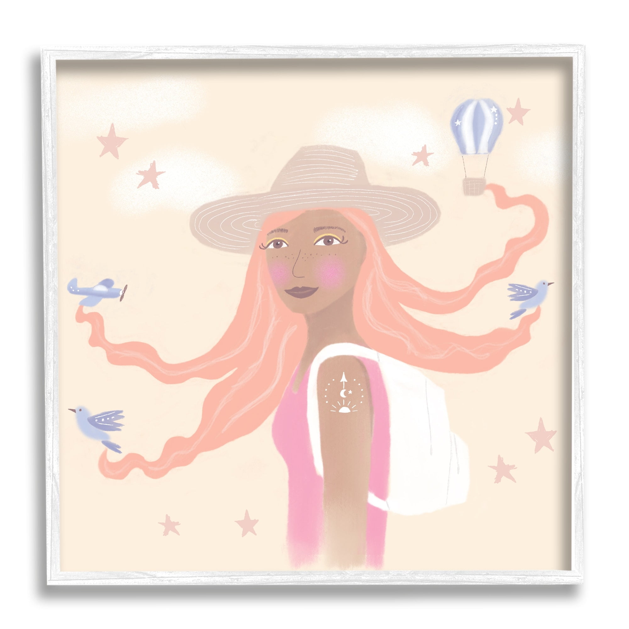 Stupell Industries Girl Flowing Hair Birds Plane Hot Air Balloon, 17 x 17, Design by Tina Devins