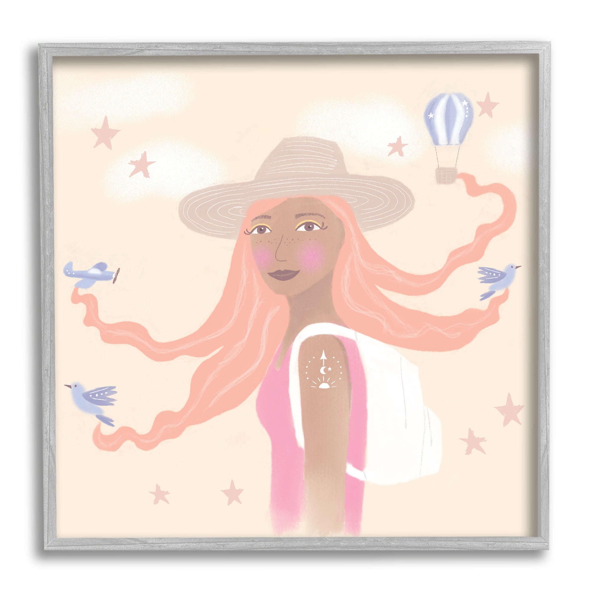 Stupell Industries Girl Flowing Hair Birds Plane Hot Air Balloon, 24 x 24, Design by Tina Devins