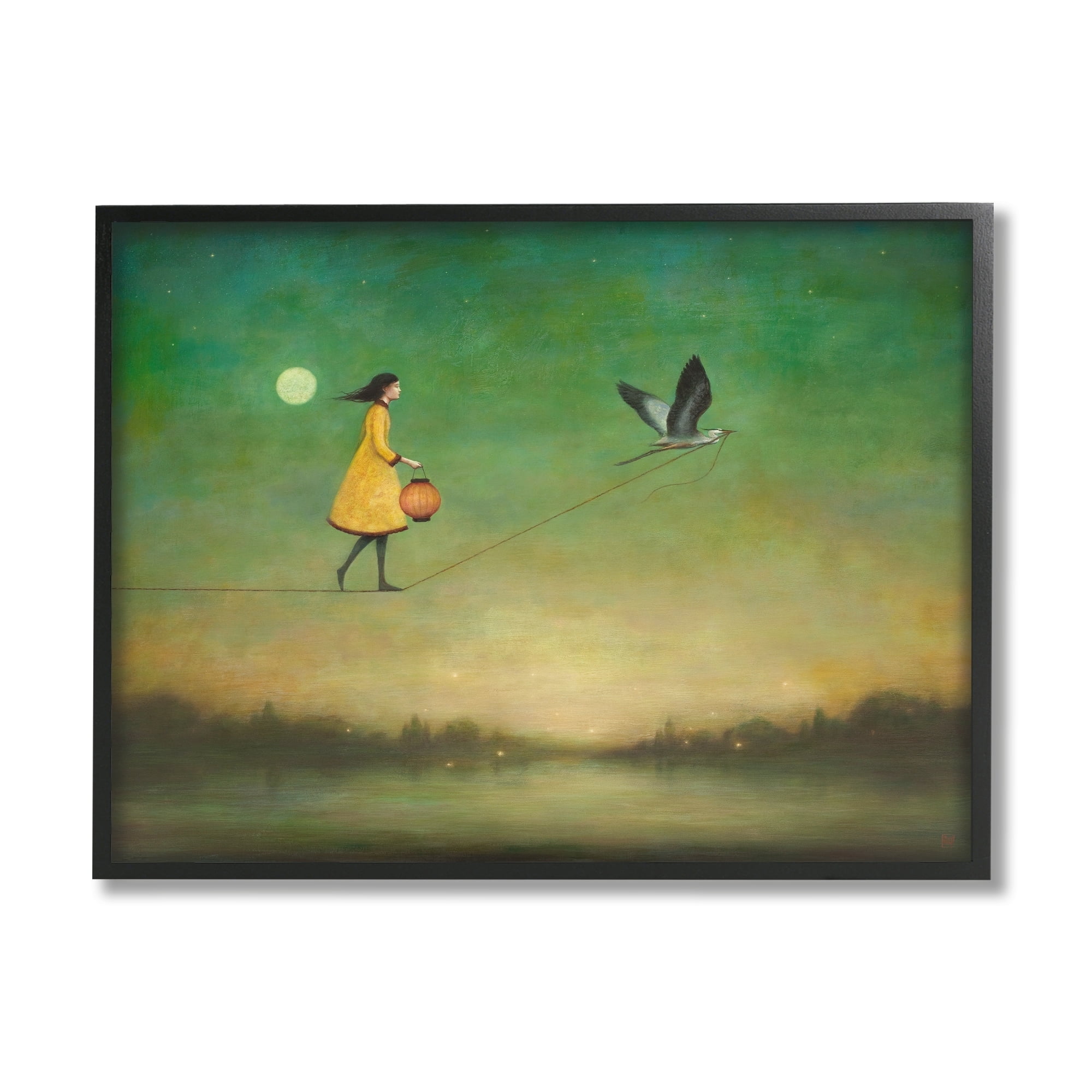 Stupell Industries Girl Following Bird Yellow Dress Vivid Green Landscape Framed Wall Art, 30 x 24, Design by Duy Huynh