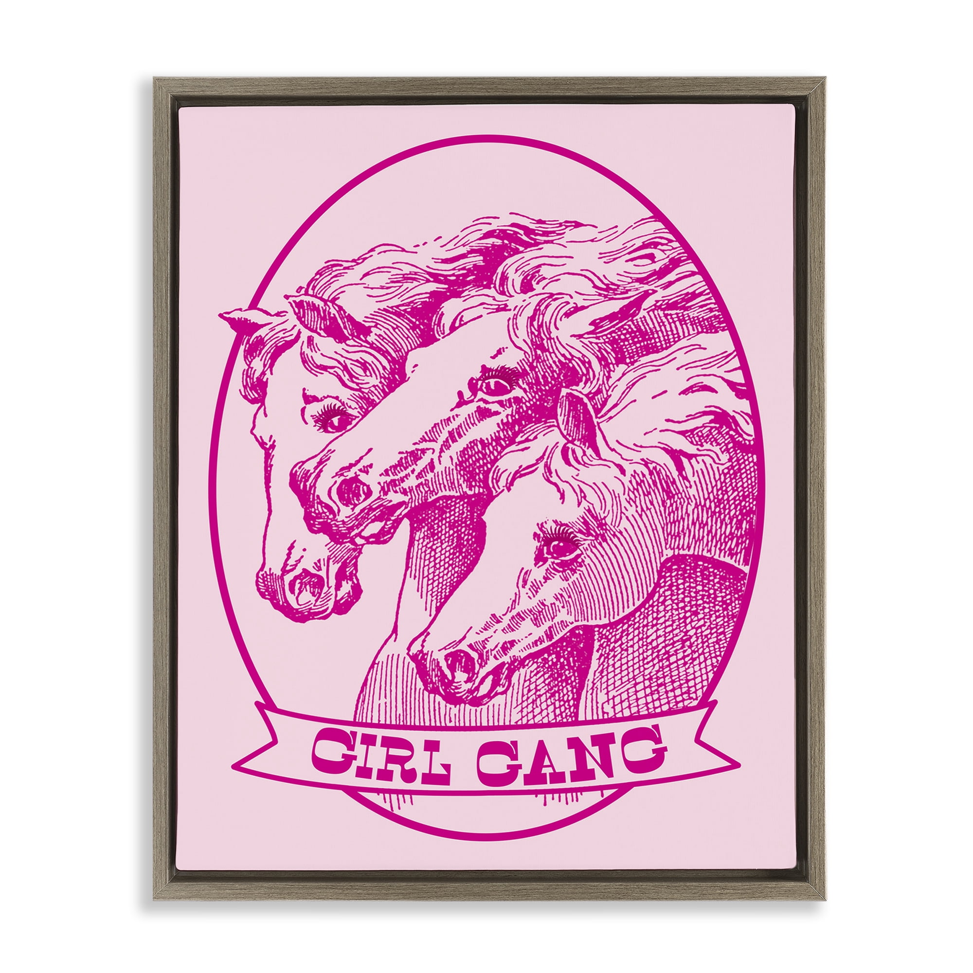 Stupell Industries Girl Gang Horses Animals Painting Brown Floater Framed Canvas Art Print Wall Art, 17 x 21