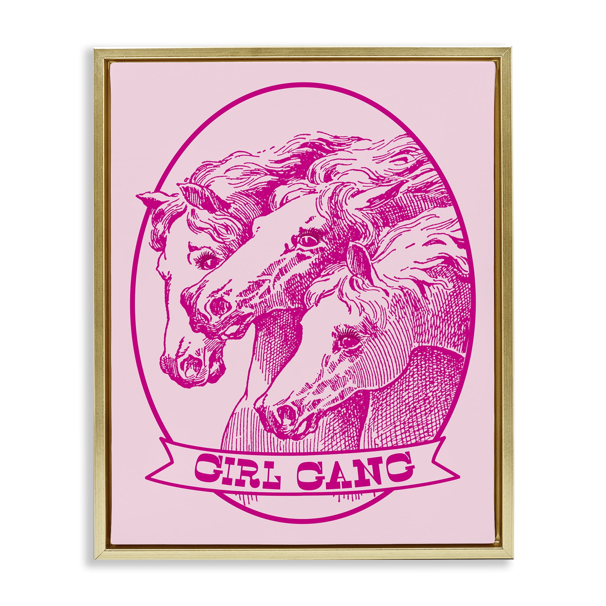 Stupell Industries Girl Gang Horses Animals Painting Gold Floater Framed Canvas Art Print Wall Art, 17 x 21