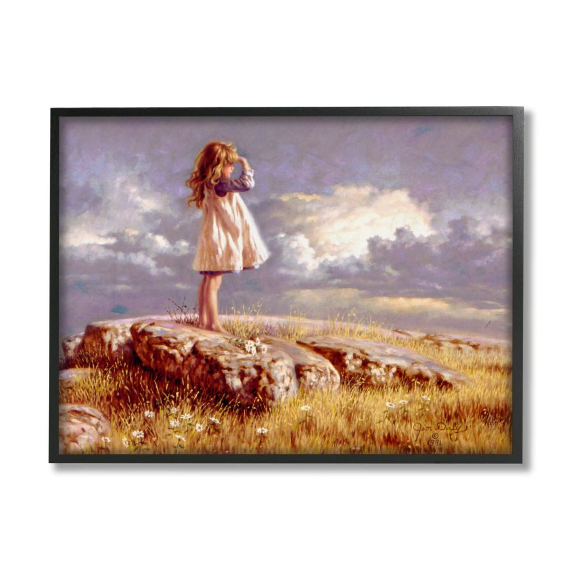 Stupell Industries Girl Gazing on Meadow Rock Sunset Clouds Design by Jim Daly, 11" x 14", Black Framed