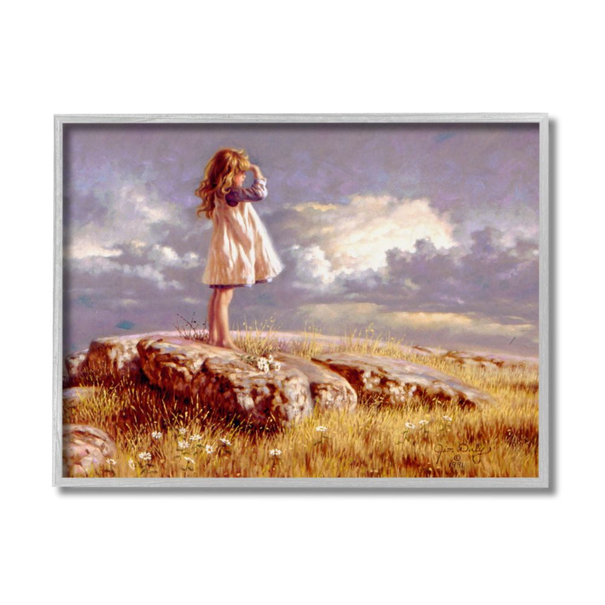 Stupell Industries Girl Gazing on Meadow Rock Sunset Clouds Design by Jim Daly, 11" x 14", Gray Framed