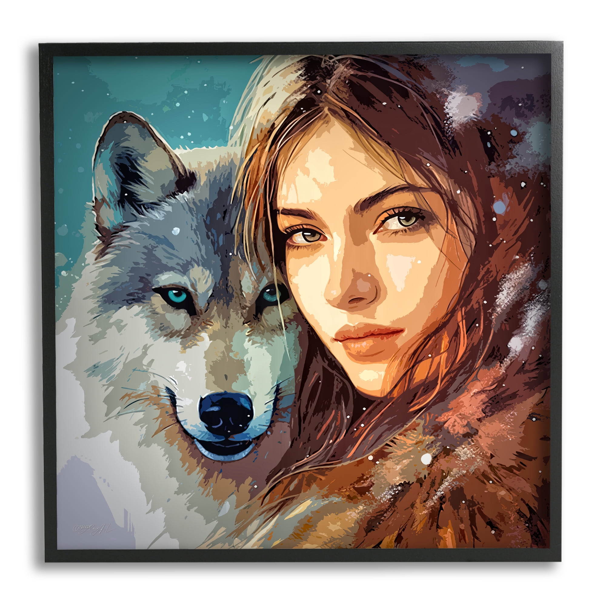 Stupell Industries Girl & Grey Wolf Portrait Animals & Insects Painting Black Framed Art Print Wall Art, 17 x 17