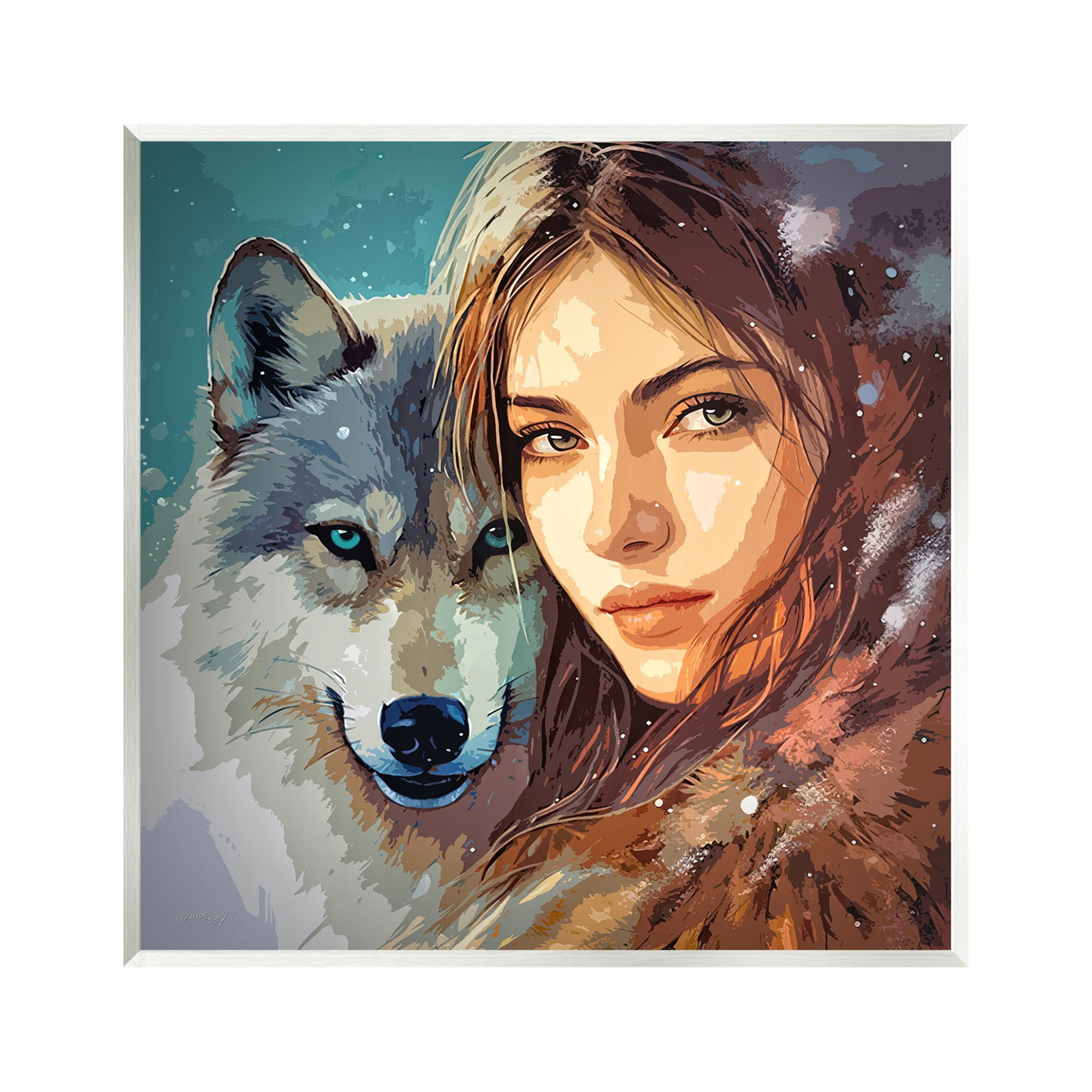 Stupell Industries Girl & Grey Wolf Portrait Animals & Insects Painting Unframed Art Print Wall Art, 12 x 12