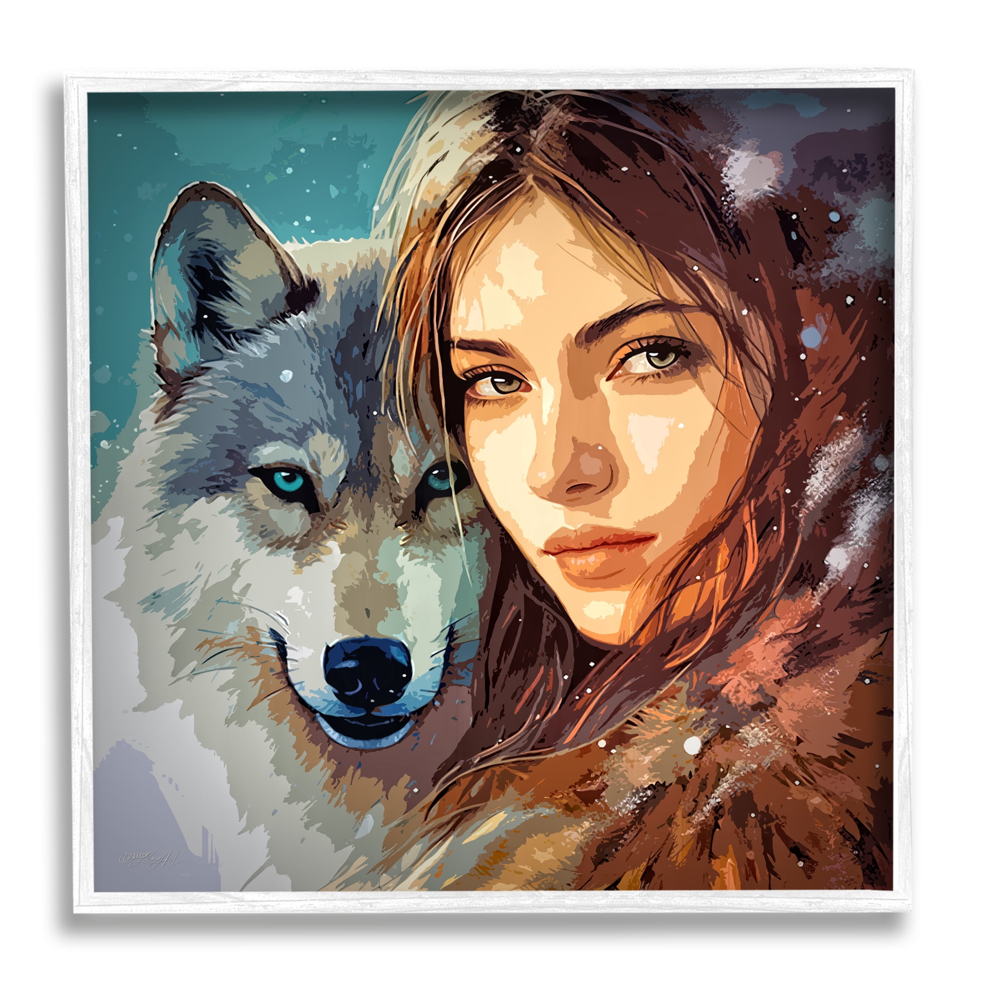 Stupell Industries Girl & Grey Wolf Portrait Animals & Insects Painting White Framed Art Print Wall Art, 17 x 17