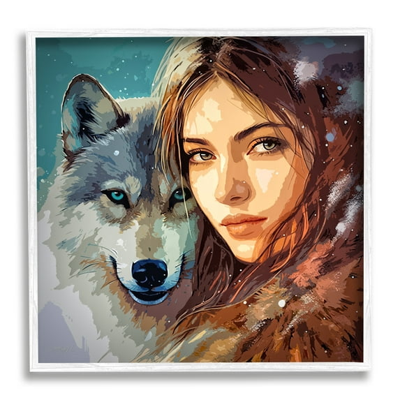 Stupell Industries Girl & Grey Wolf Portrait Animals & Insects Painting White Framed Art Print Wall Art, 24 x 24