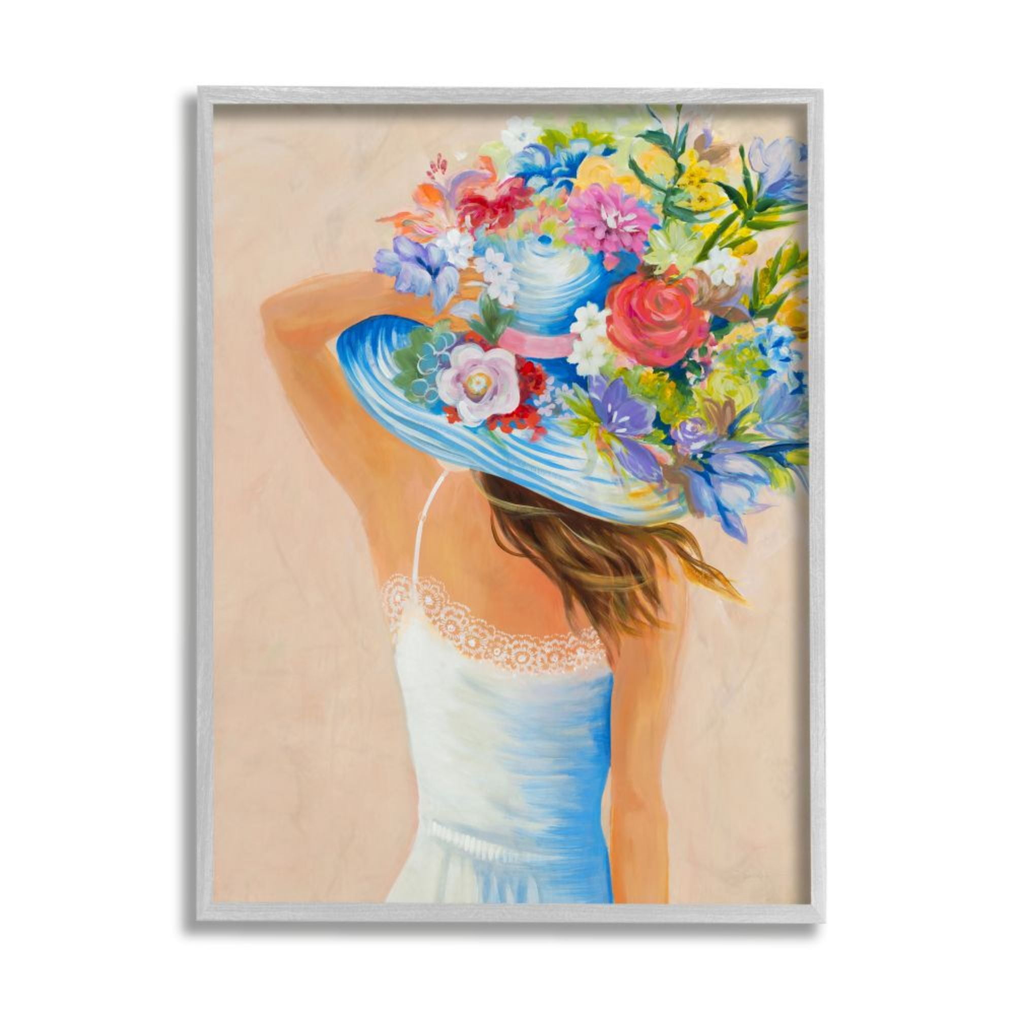 Stupell Industries Girl Holding Large Floral Bouquet Brimmed Hat Design by Third and Wall, 16" x 20", Gray Framed
