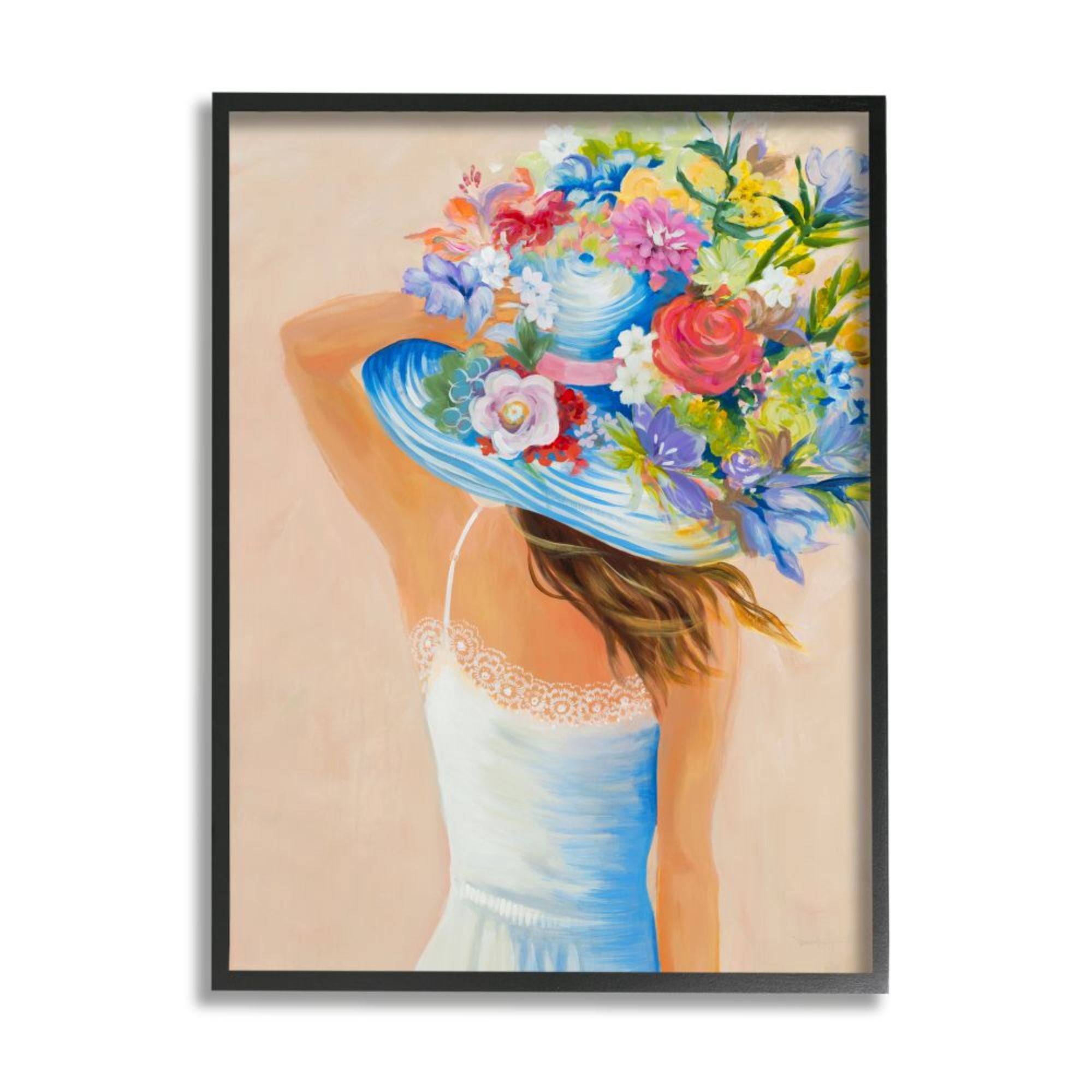 Stupell Industries Girl Holding Large Floral Bouquet Brimmed Hat Design by Third and Wall, 24" x 30", Black Framed