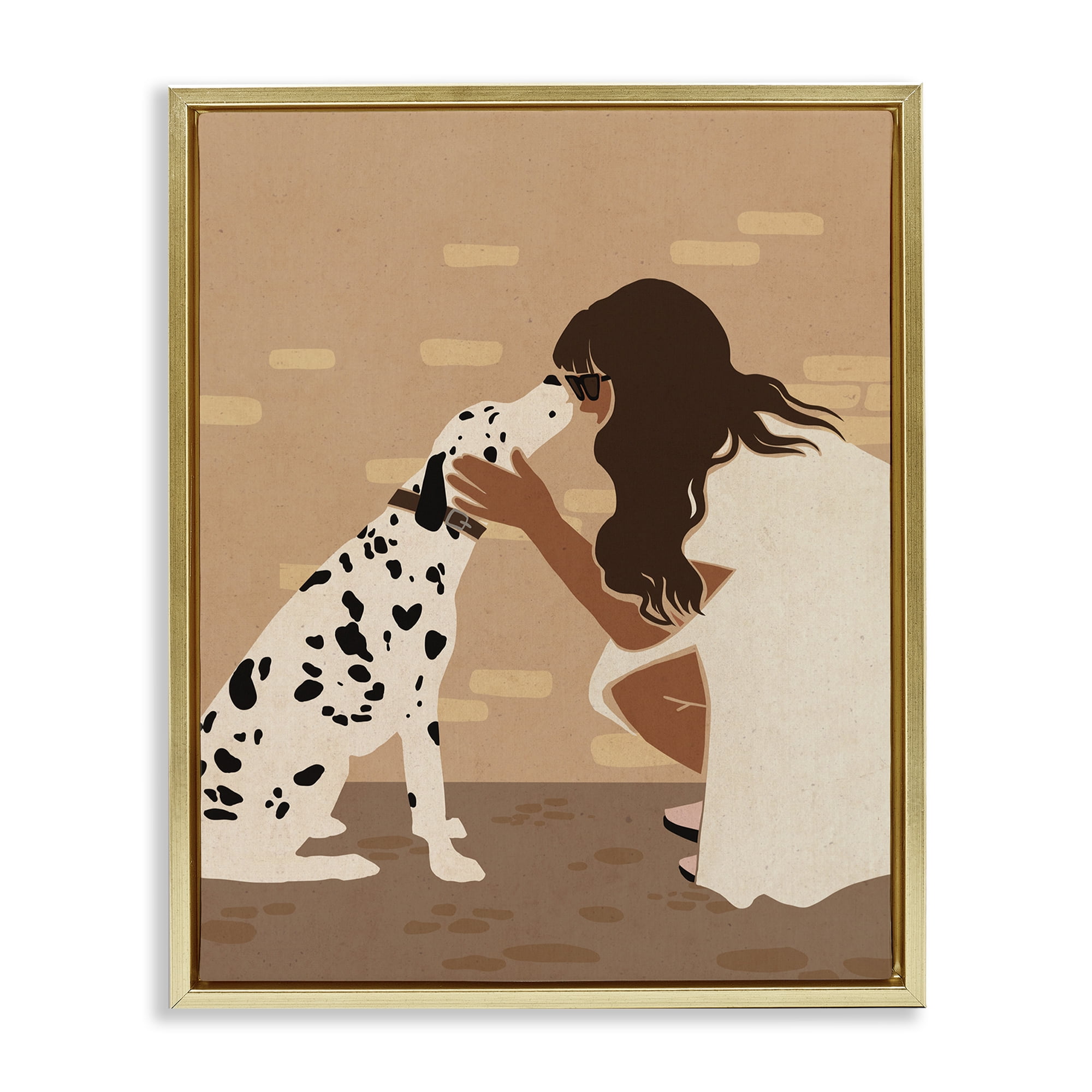 Stupell Industries Girl Hugging Dalmatian People Painting Gold Floater Framed Canvas Art Print Wall Art, 17 x 21