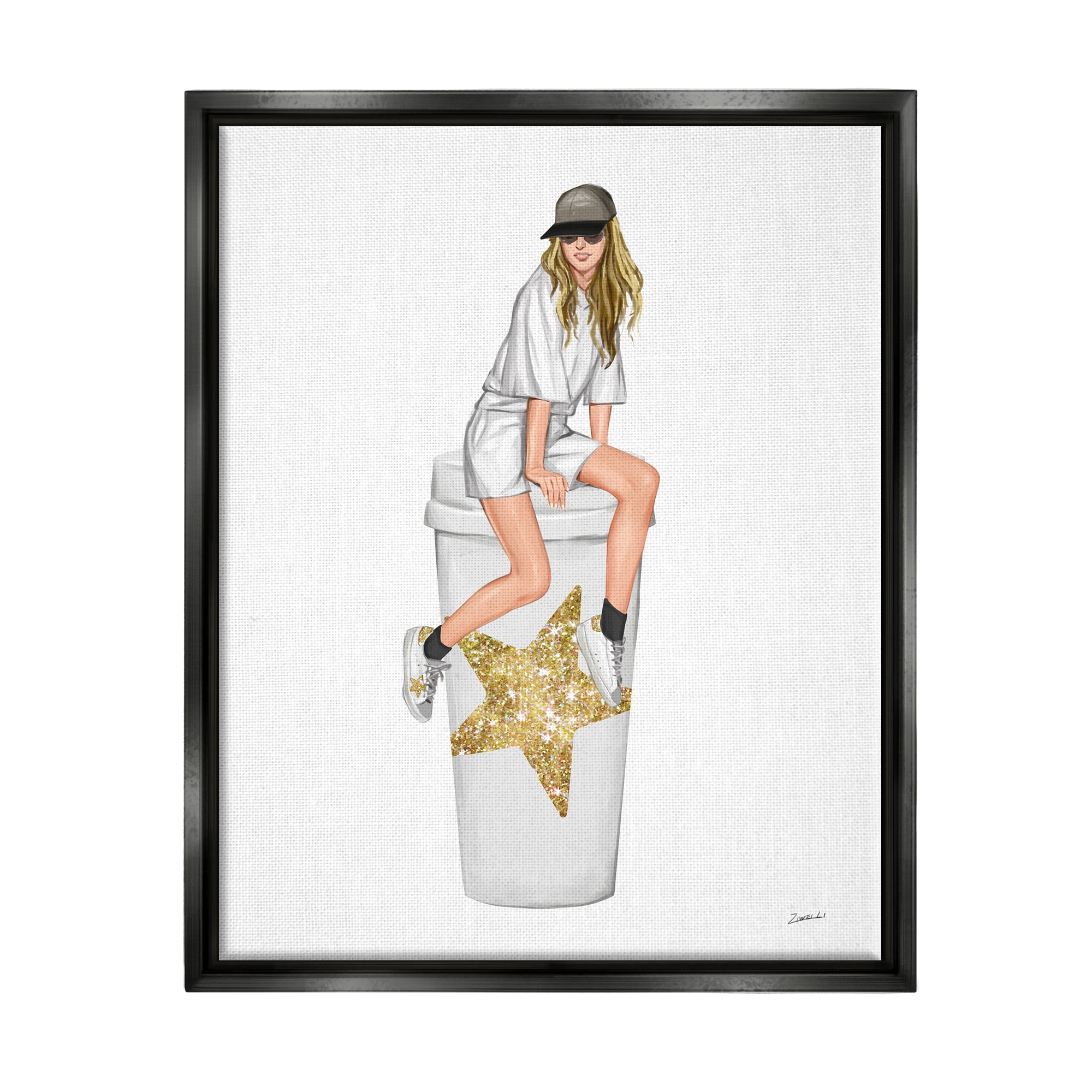 Stupell Industries Girl In Cap Glam Coffee Cup Beauty & Fashion Painting Black Floater Framed Art Print Wall Art