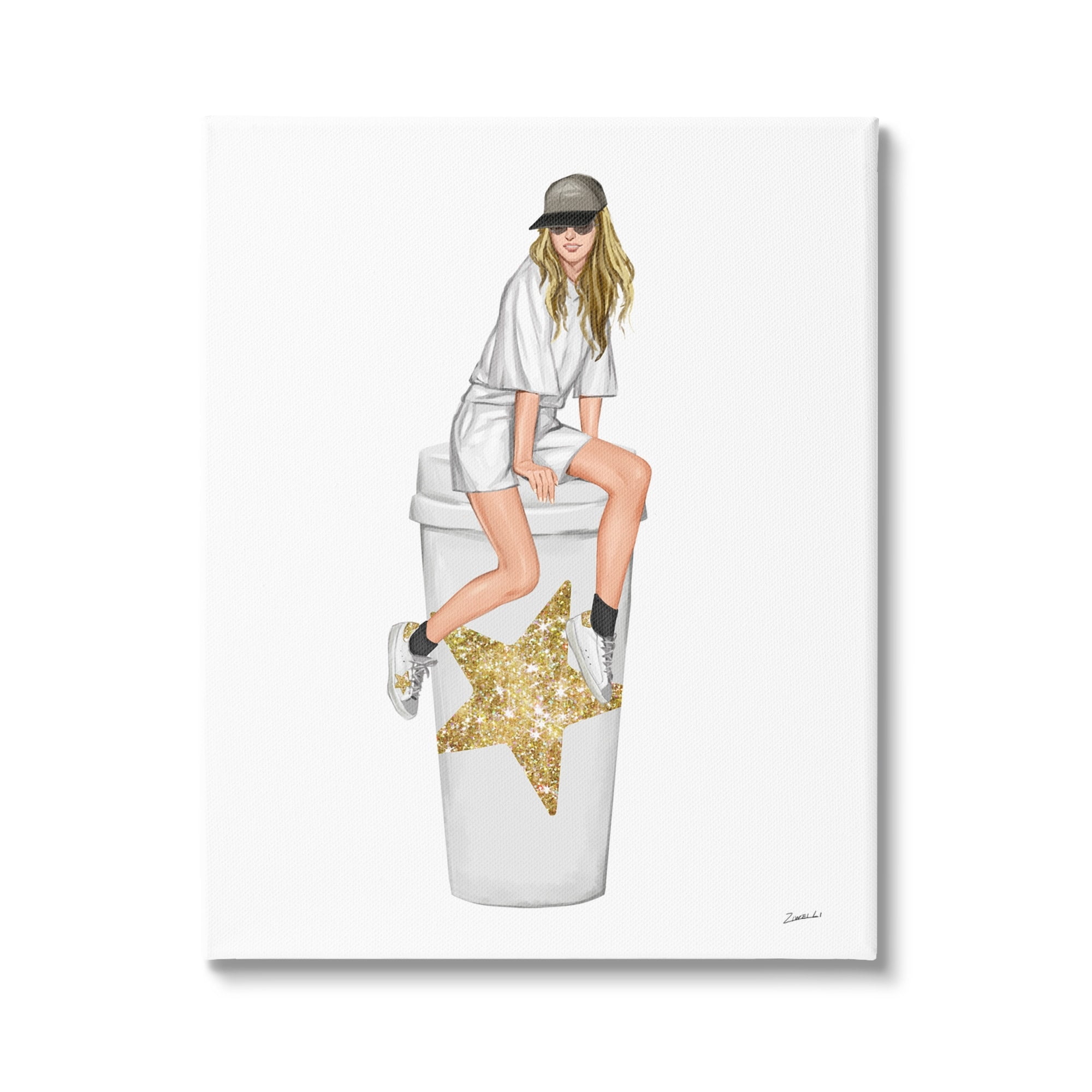 Stupell Industries Girl In Cap Glam Coffee Cup Beauty & Fashion Painting Gallery Wrapped Canvas Print Wall Art