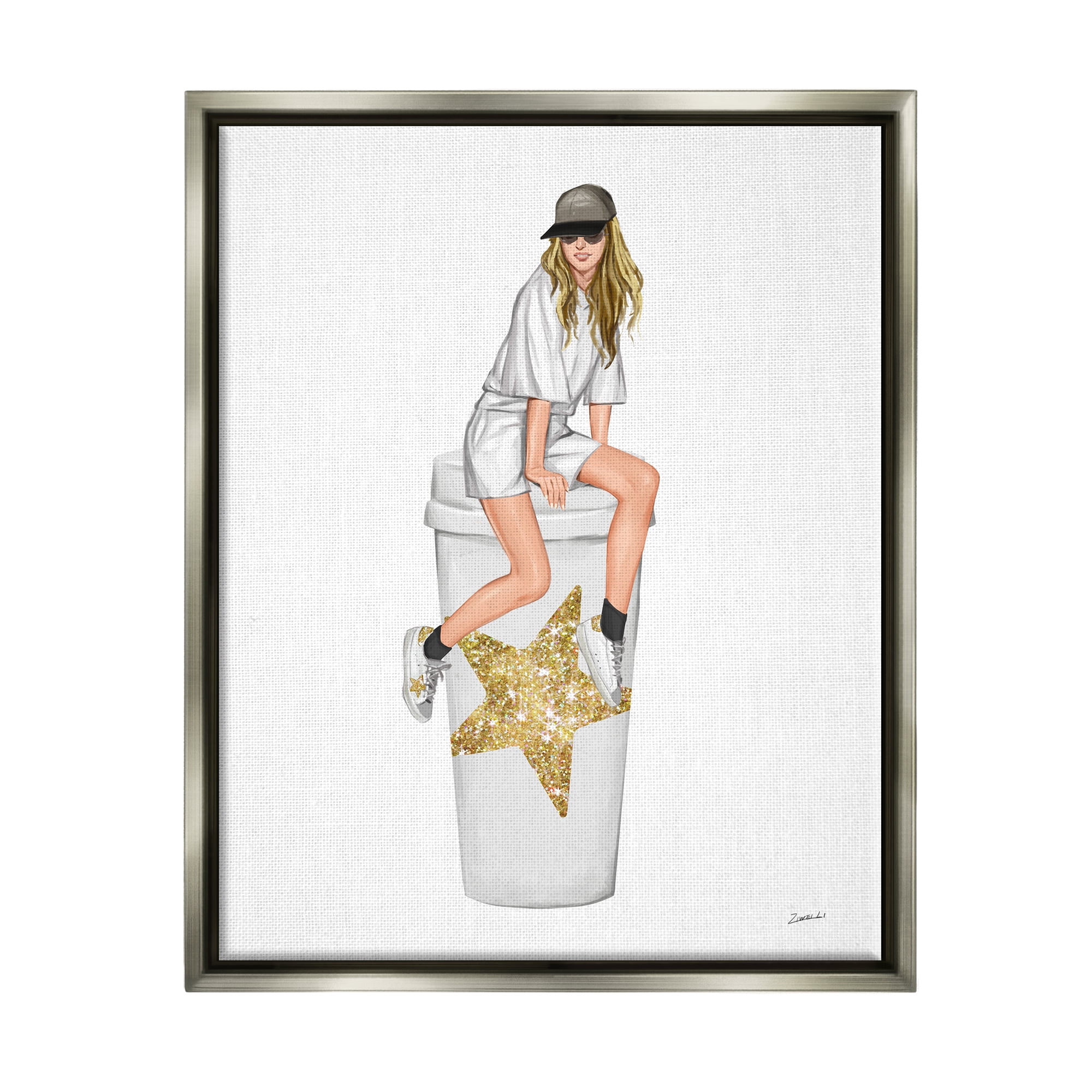 Stupell Industries Girl In Cap Glam Coffee Cup Beauty & Fashion Painting Gray Floater Framed Art Print Wall Art