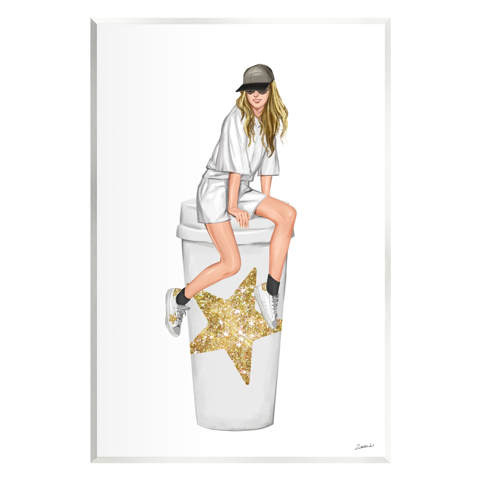 Stupell Industries Girl In Cap Glam Coffee Cup Beauty & Fashion Painting Unframed Art Print Wall Art
