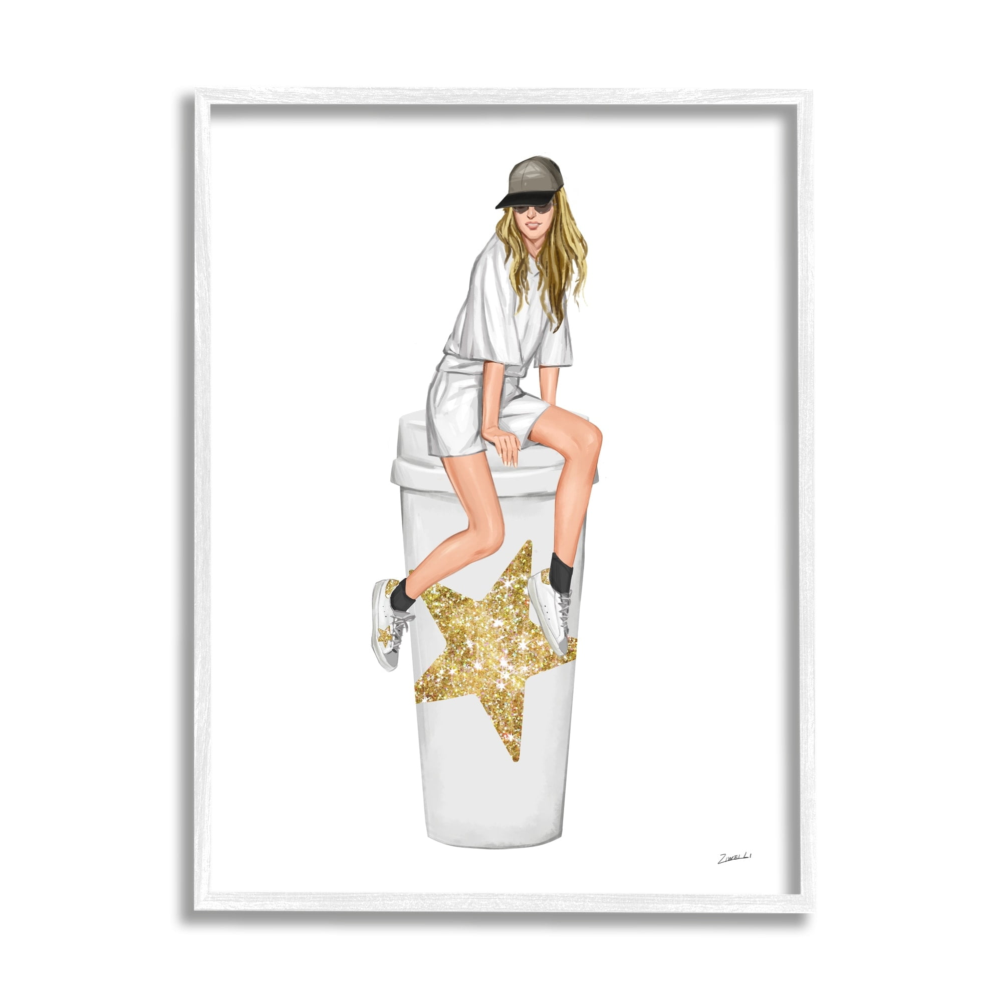 Stupell Industries Girl In Cap Glam Coffee Cup Beauty & Fashion Painting White Framed Art Print Wall Art