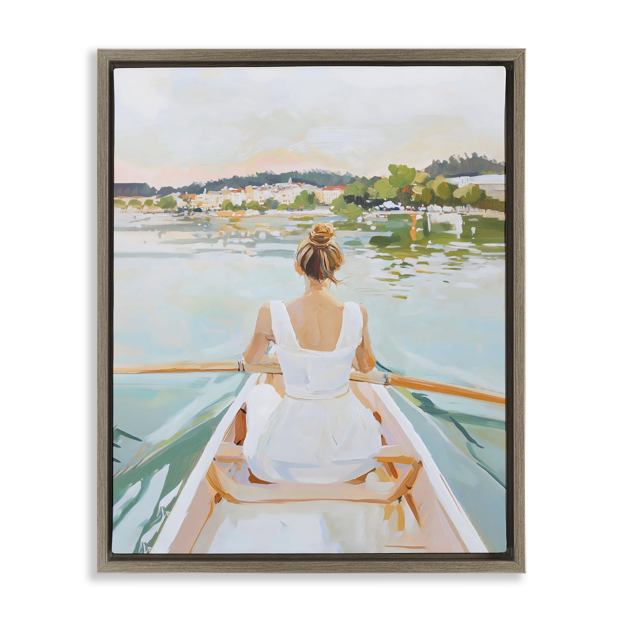 Stupell Industries Girl In Peaceful Canoe Ride Brown Framed Floater Canvas Wall Art, design by The Prints Vibe