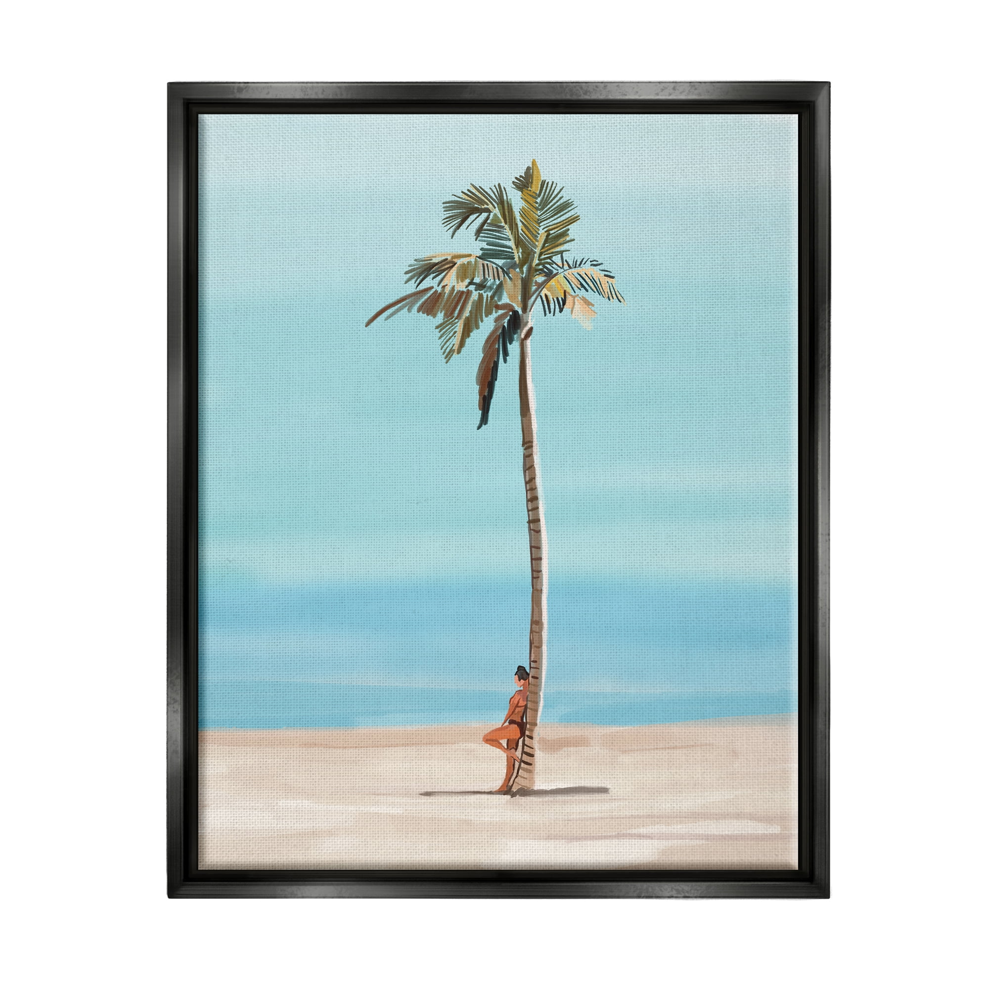 Stupell Industries Girl Leaning On Palm Tree Coastal Painting Black Floater Framed Art Print Wall Art