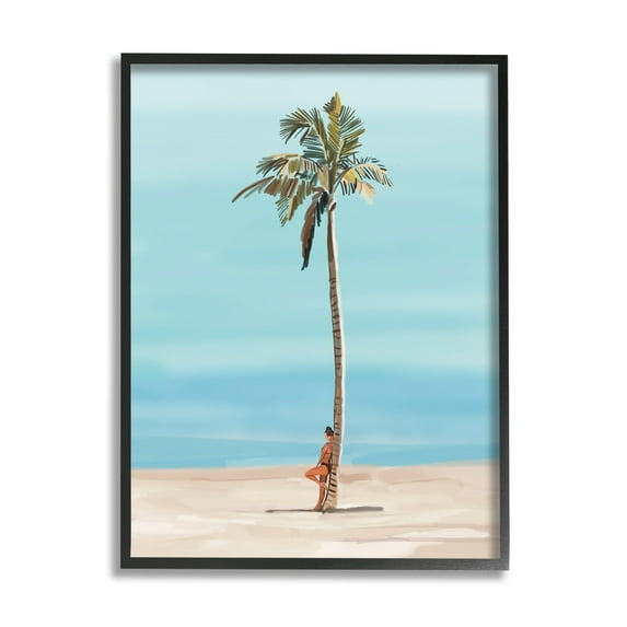 Stupell Industries Girl Leaning On Palm Tree Coastal Painting Black Framed Art Print Wall Art