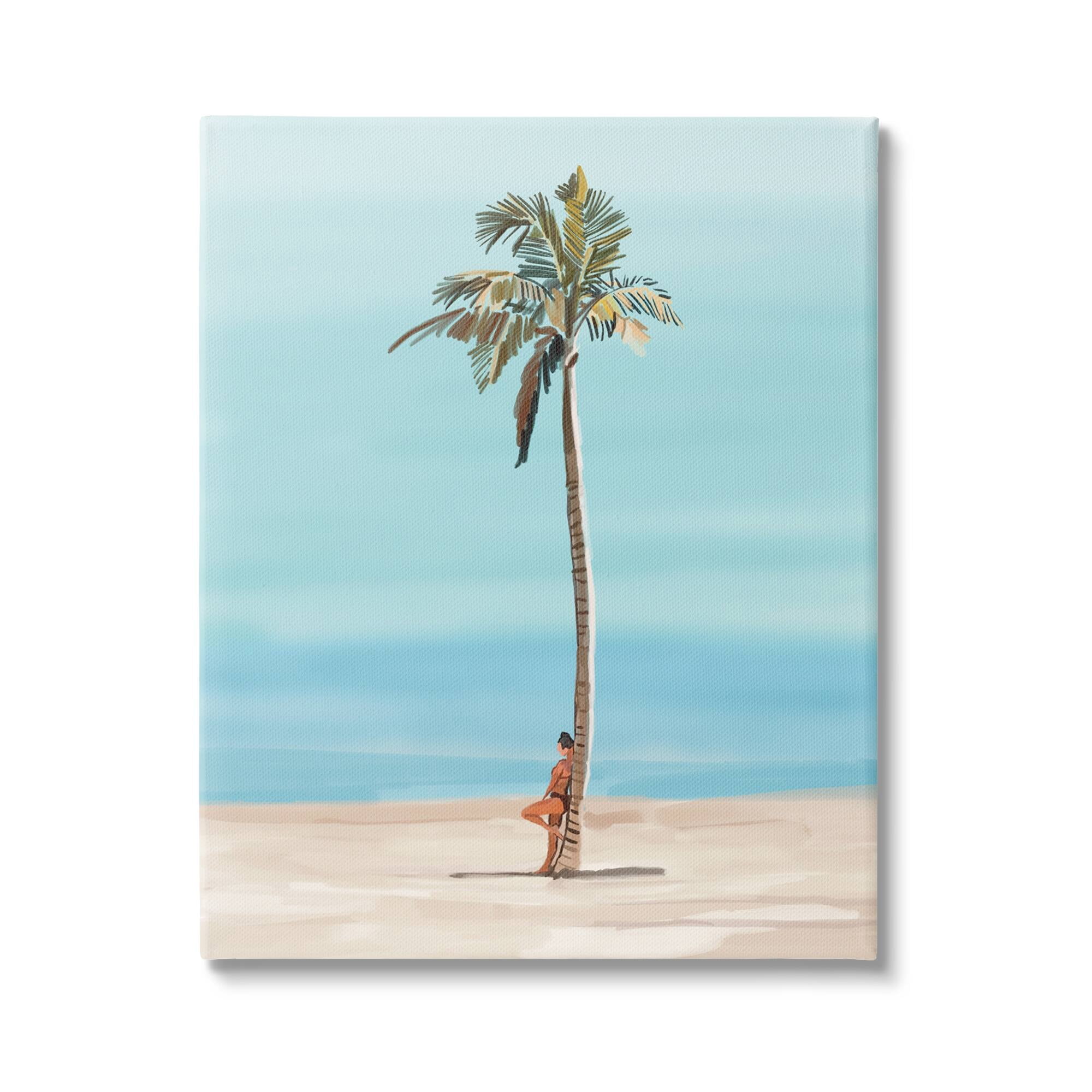 Stupell Industries Girl Leaning On Palm Tree Coastal Painting Gallery Wrapped Canvas Print Wall Art
