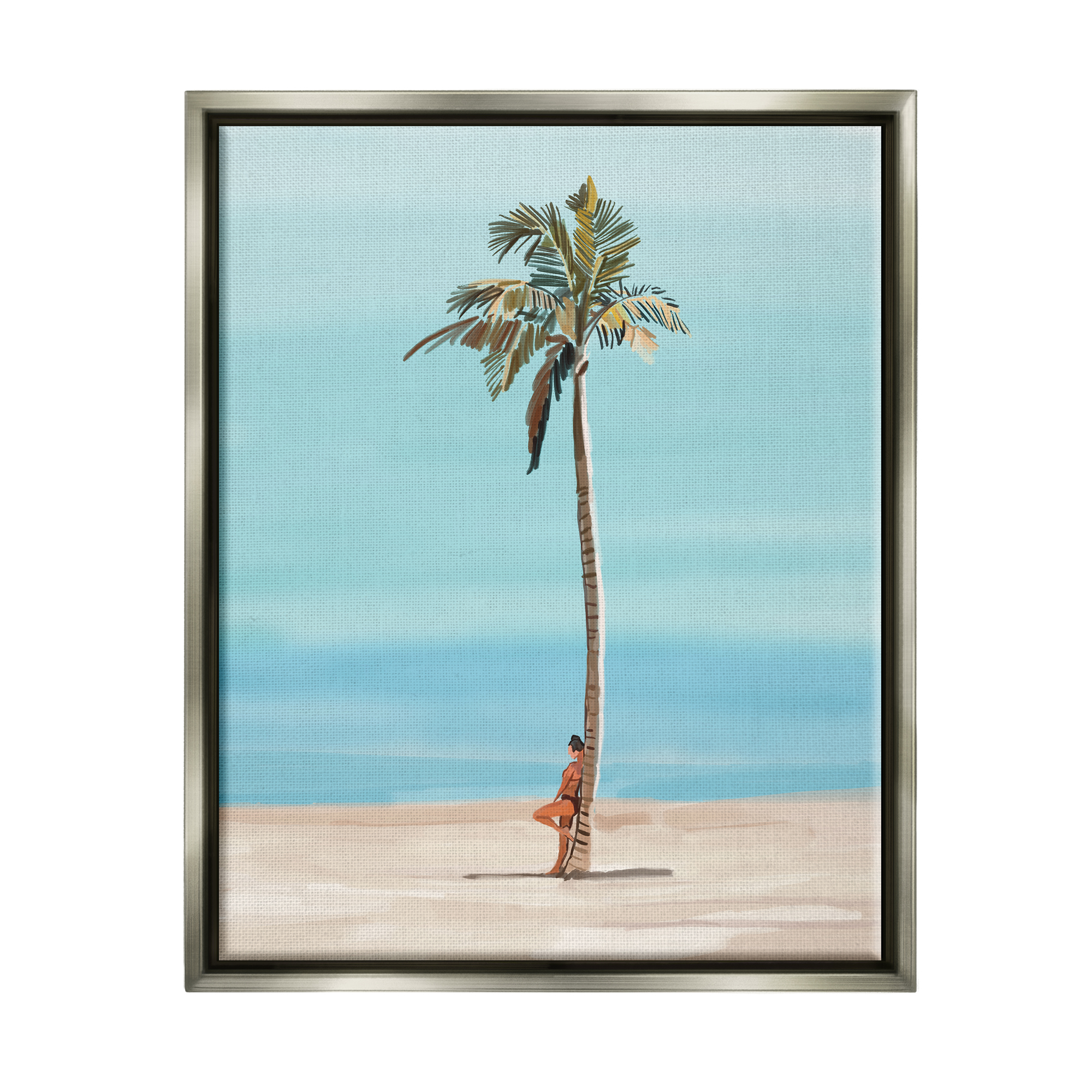 Stupell Industries Girl Leaning On Palm Tree Coastal Painting Gray Floater Framed Art Print Wall Art