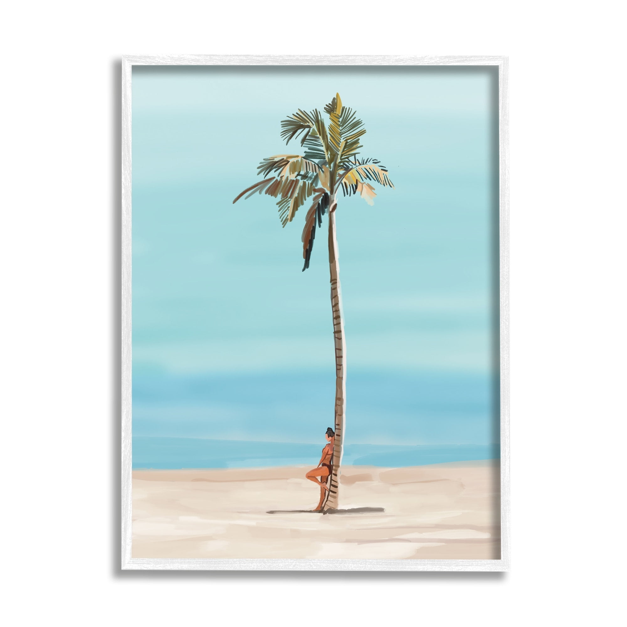 Stupell Industries Girl Leaning On Palm Tree Coastal Painting White Framed Art Print Wall Art