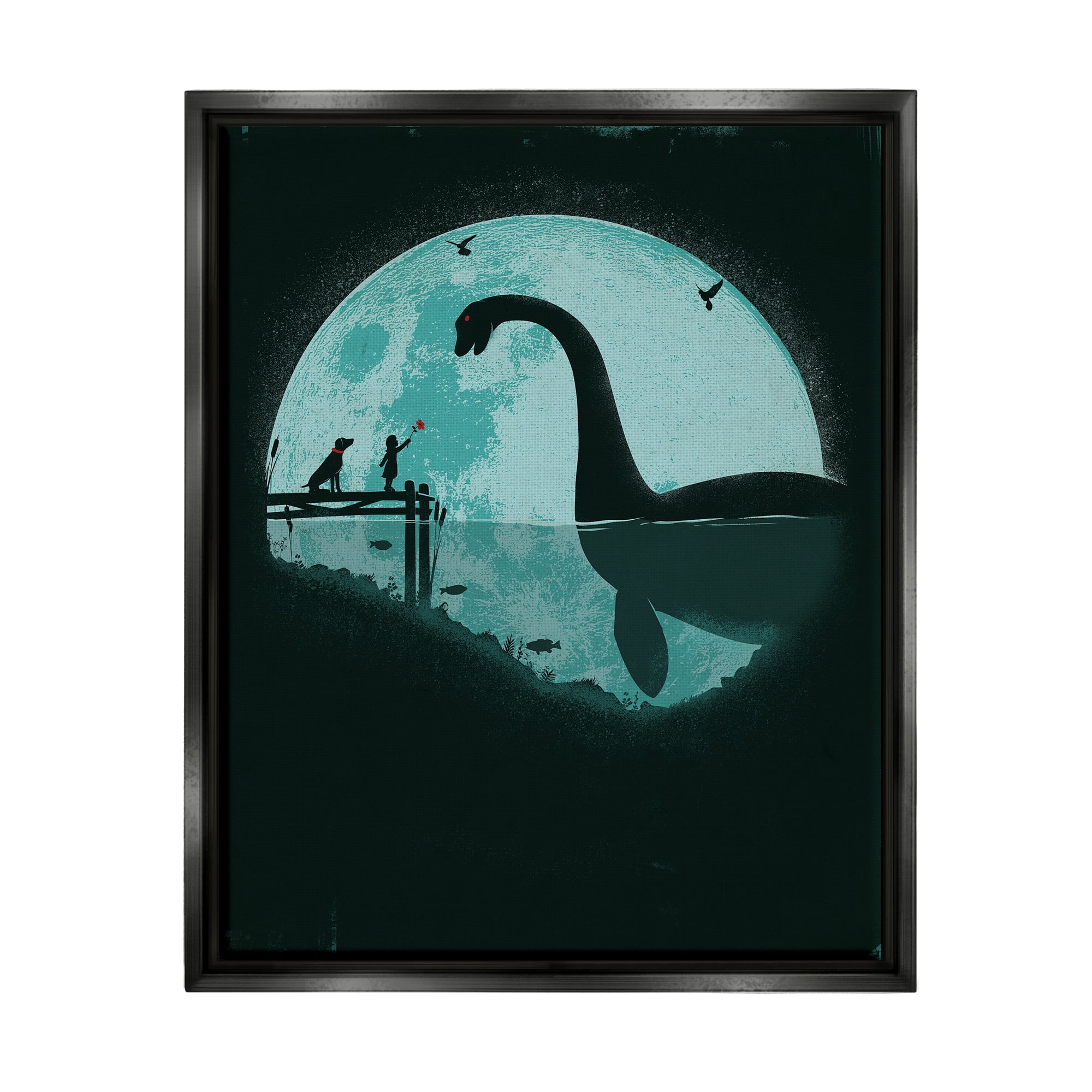 Stupell Industries Girl & Loch Ness Fairy Tales & Fantasy Painting Black Floater Framed Canvas Art Print Wall Art, 25 x 31