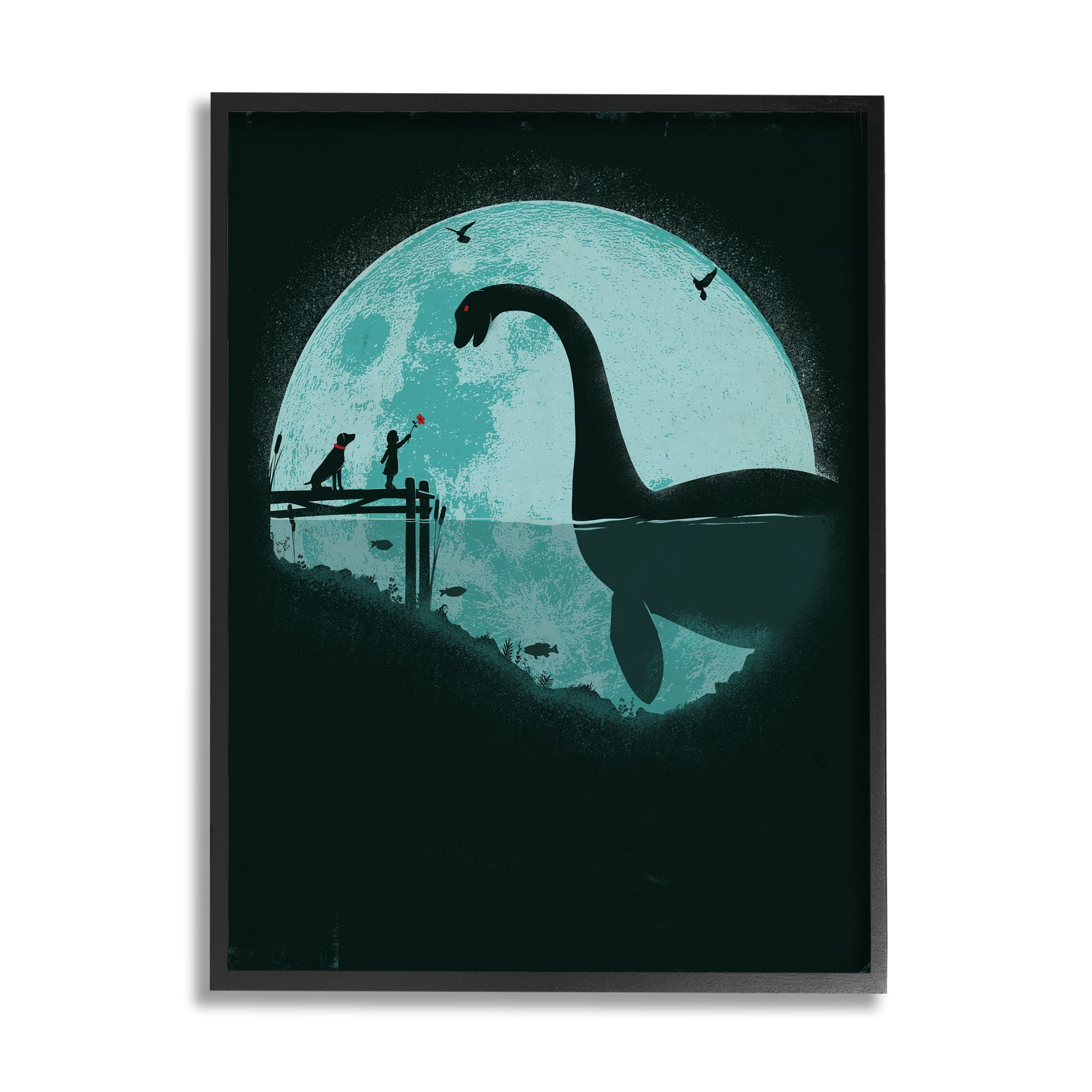 Stupell Industries Girl & Loch Ness Fairy Tales & Fantasy Painting Black Framed Art Print Wall Art, 11 x 14
