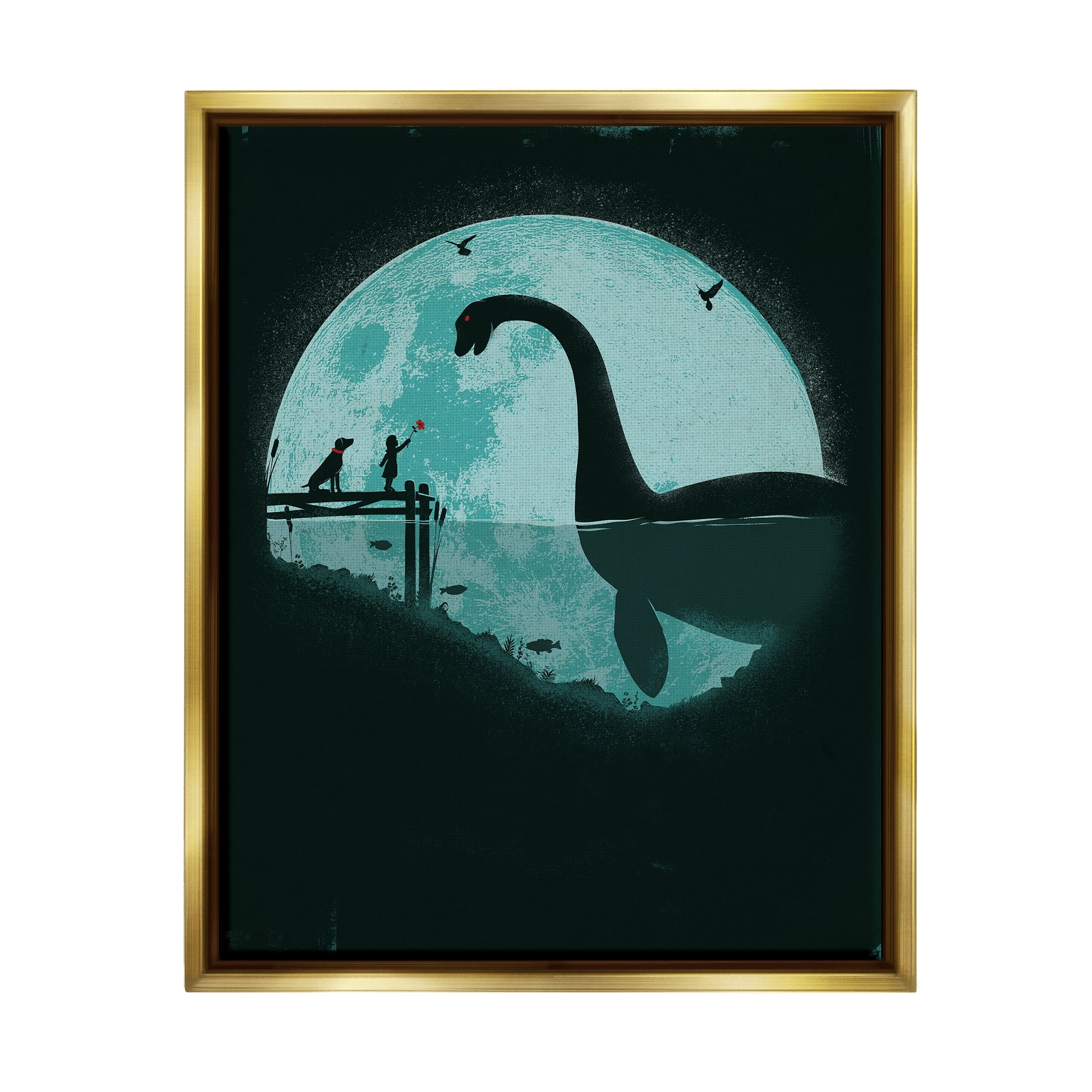 Stupell Industries Girl & Loch Ness Fairy Tales & Fantasy Painting Gold Floater Framed Canvas Art Print Wall Art, 17 x 21