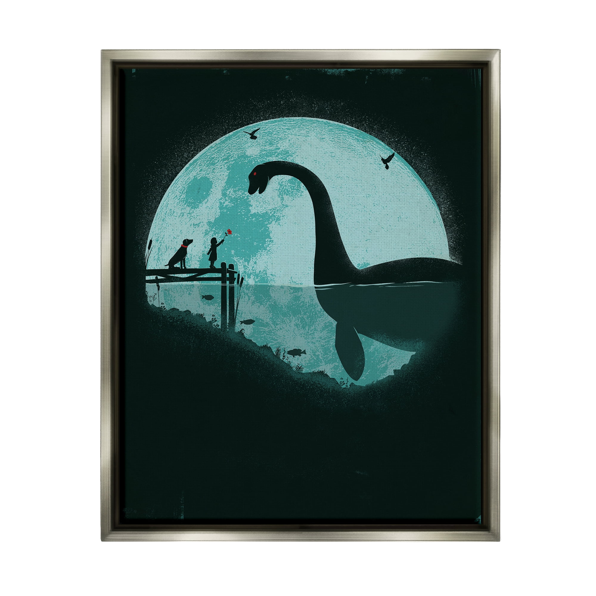 Stupell Industries Girl & Loch Ness Fairy Tales & Fantasy Painting Gray Floater Framed Canvas Art Print Wall Art, 17 x 21