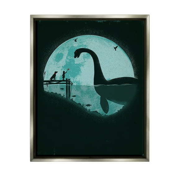 Stupell Industries Girl & Loch Ness Fairy Tales & Fantasy Painting Gray Floater Framed Canvas Art Print Wall Art, 17 x 21