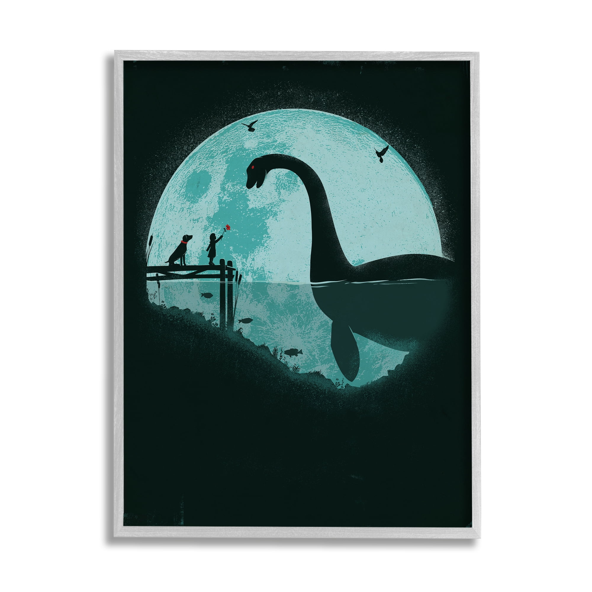 Stupell Industries Girl & Loch Ness Fairy Tales & Fantasy Painting Gray Framed Art Print Wall Art, 11 x 14