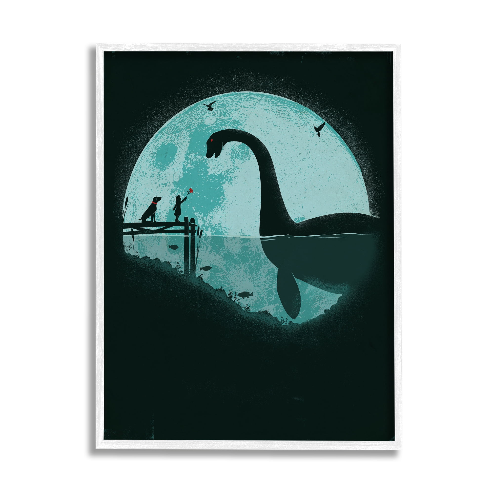 Stupell Industries Girl & Loch Ness Fairy Tales & Fantasy Painting White Framed Art Print Wall Art, 16 x 20