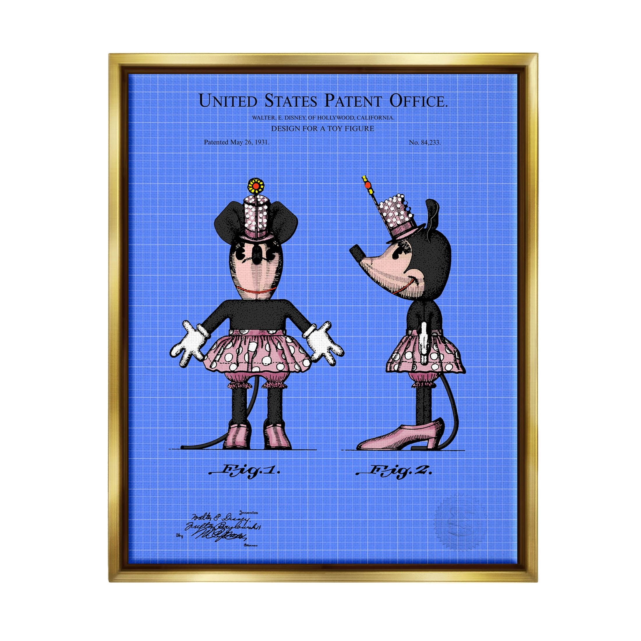 Stupell Industries Girl Mouse Toy Blueprint Graphic Art Metallic Gold Floating Framed Canvas Print Wall Art, Design by Karl Hronek