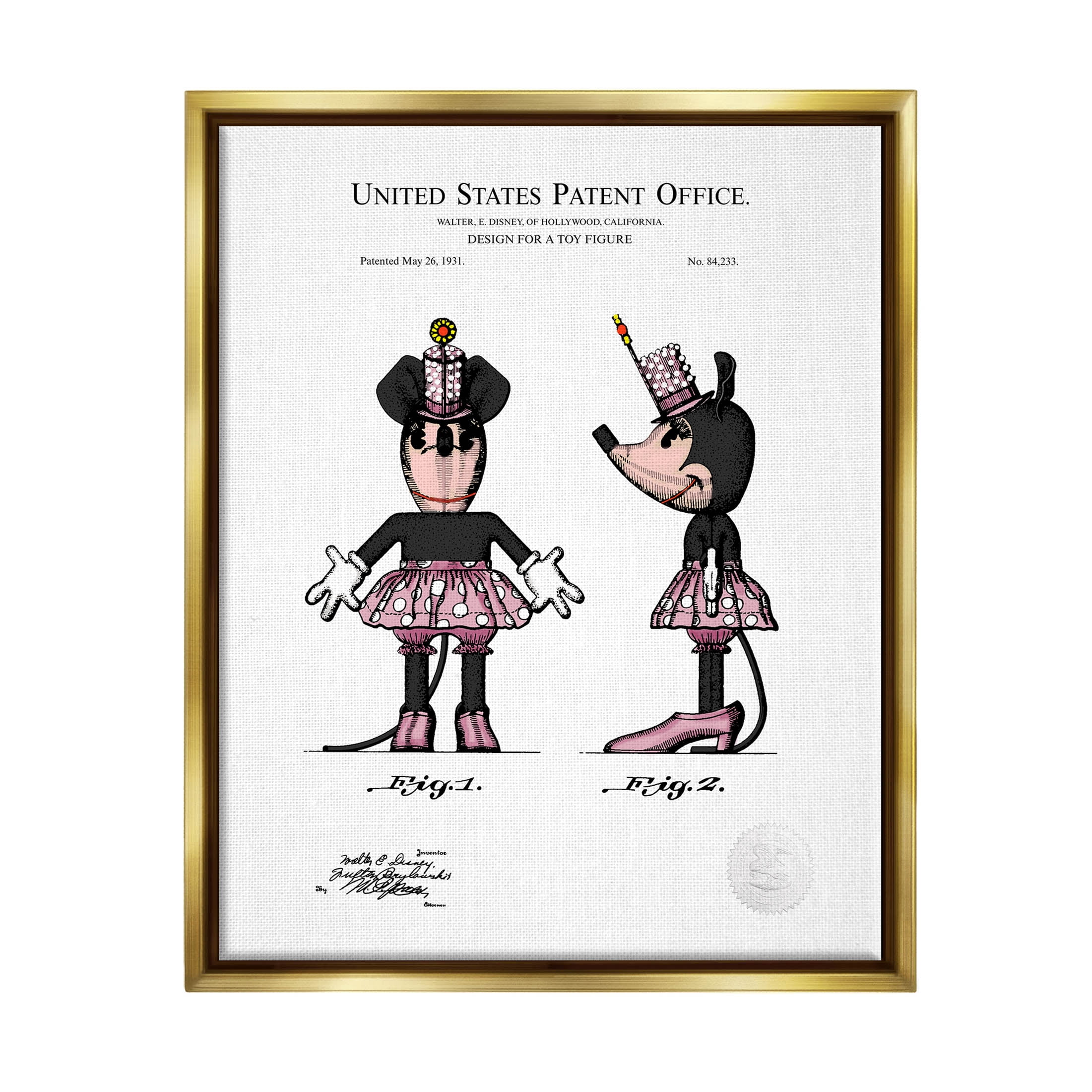 Stupell Industries Girl Mouse Toy Patent Graphic Art Metallic Gold Floating Framed Canvas Print Wall Art, Design by Karl Hronek