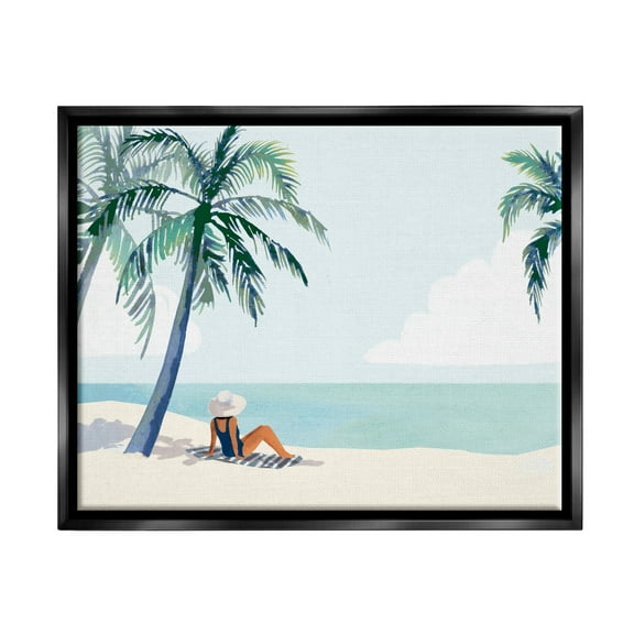 Stupell Industries Girl On Tropical Summer Beach Coastal Painting Black Floater Framed Art Print Wall Art