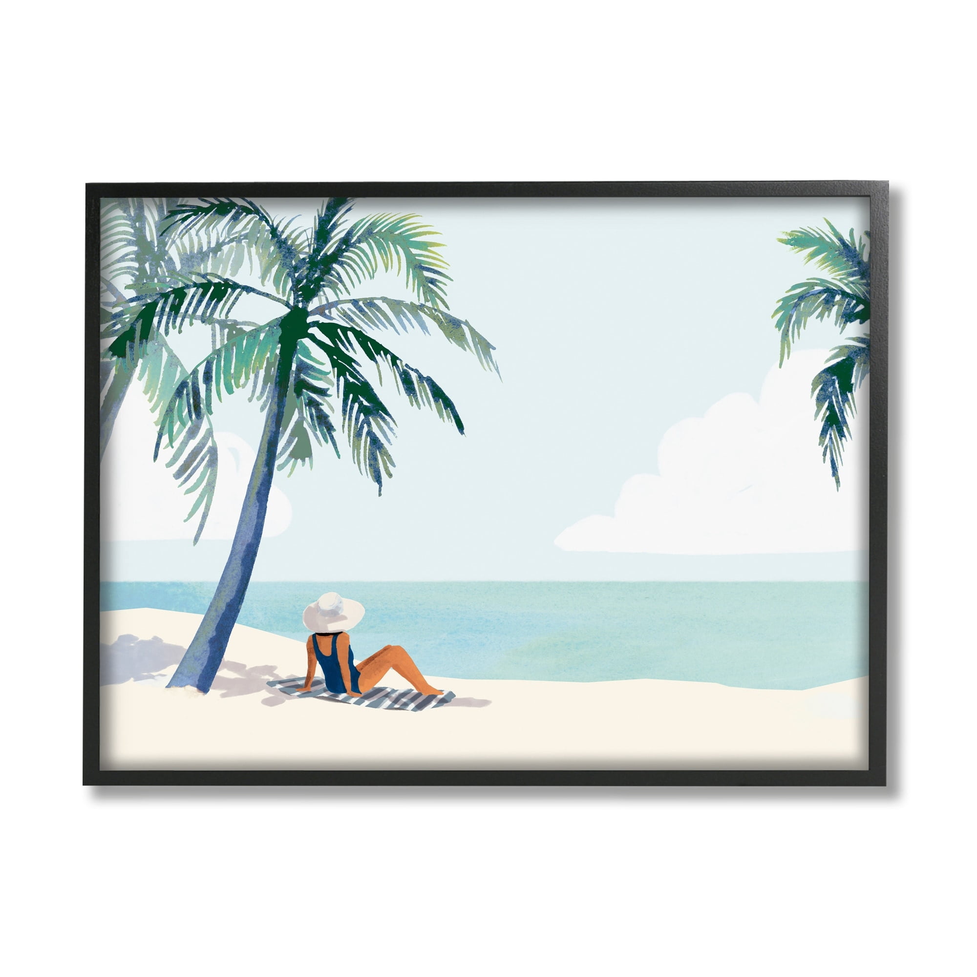 Stupell Industries Girl On Tropical Summer Beach Coastal Painting Black Framed Art Print Wall Art