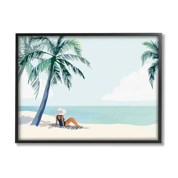 Stupell Industries Girl On Tropical Summer Beach Coastal Painting Black Framed Art Print Wall Art