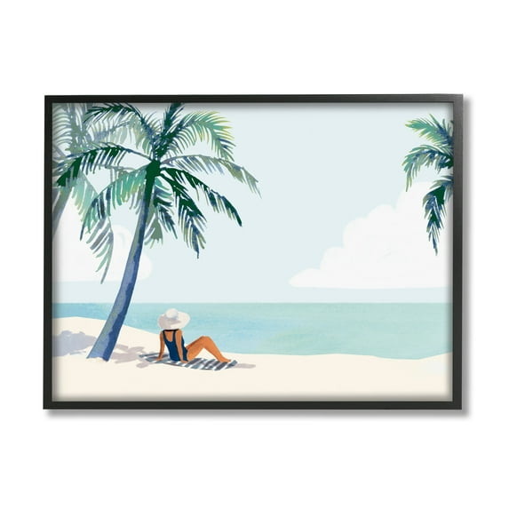 Stupell Industries Girl On Tropical Summer Beach Coastal Painting Black Framed Art Print Wall Art