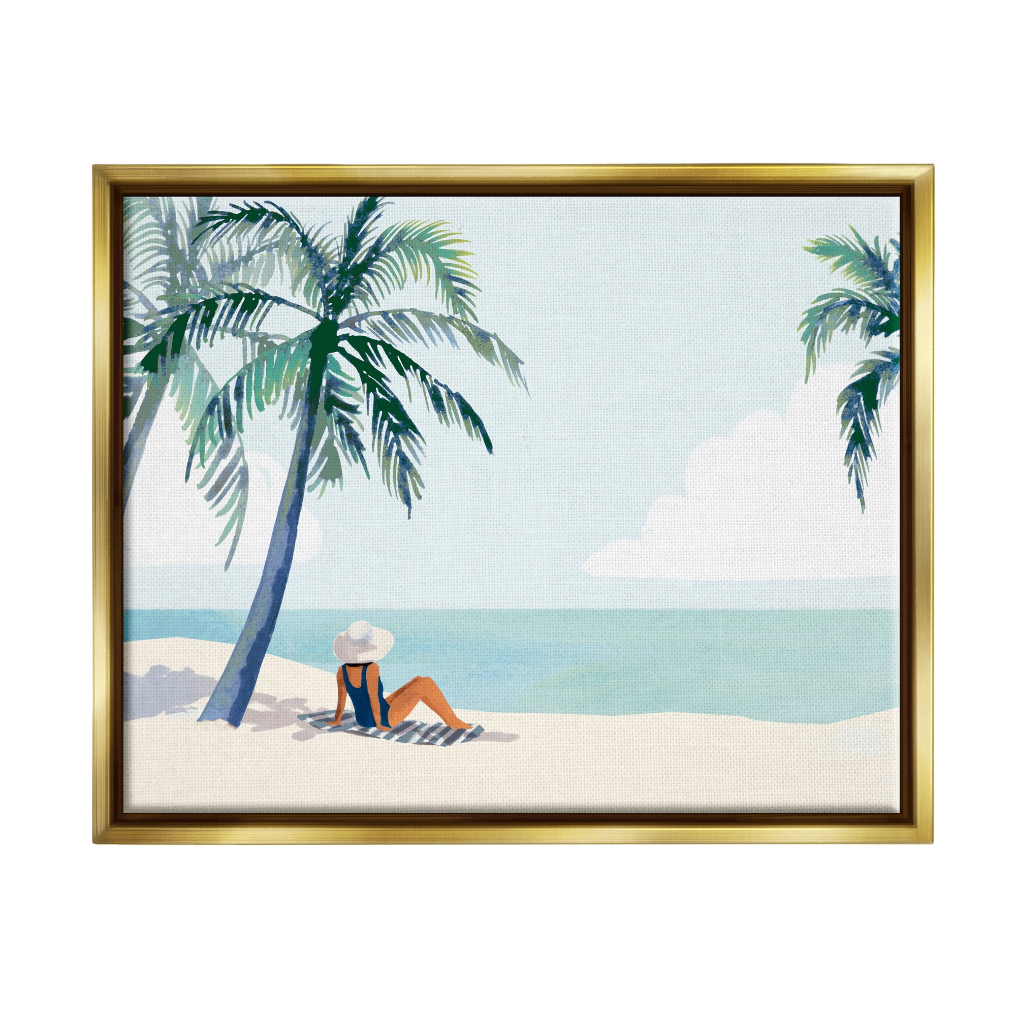 Stupell Industries Girl On Tropical Summer Beach Coastal Painting Gold Floater Framed Art Print Wall Art