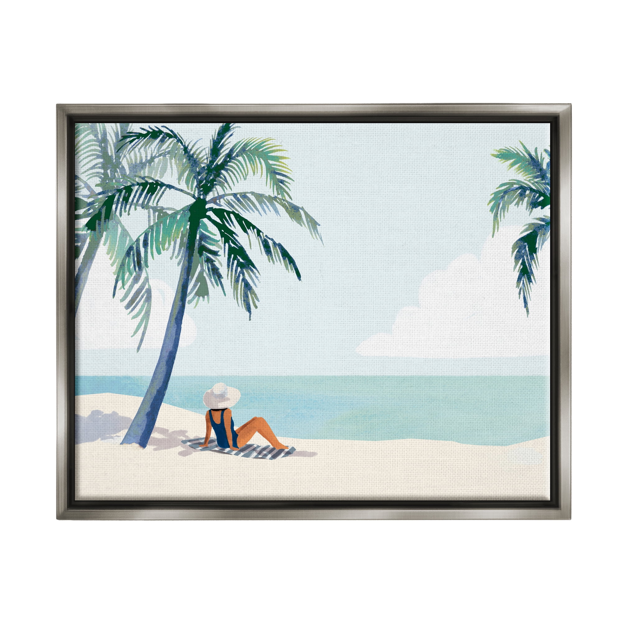 Stupell Industries Girl On Tropical Summer Beach Coastal Painting Gray Floater Framed Art Print Wall Art