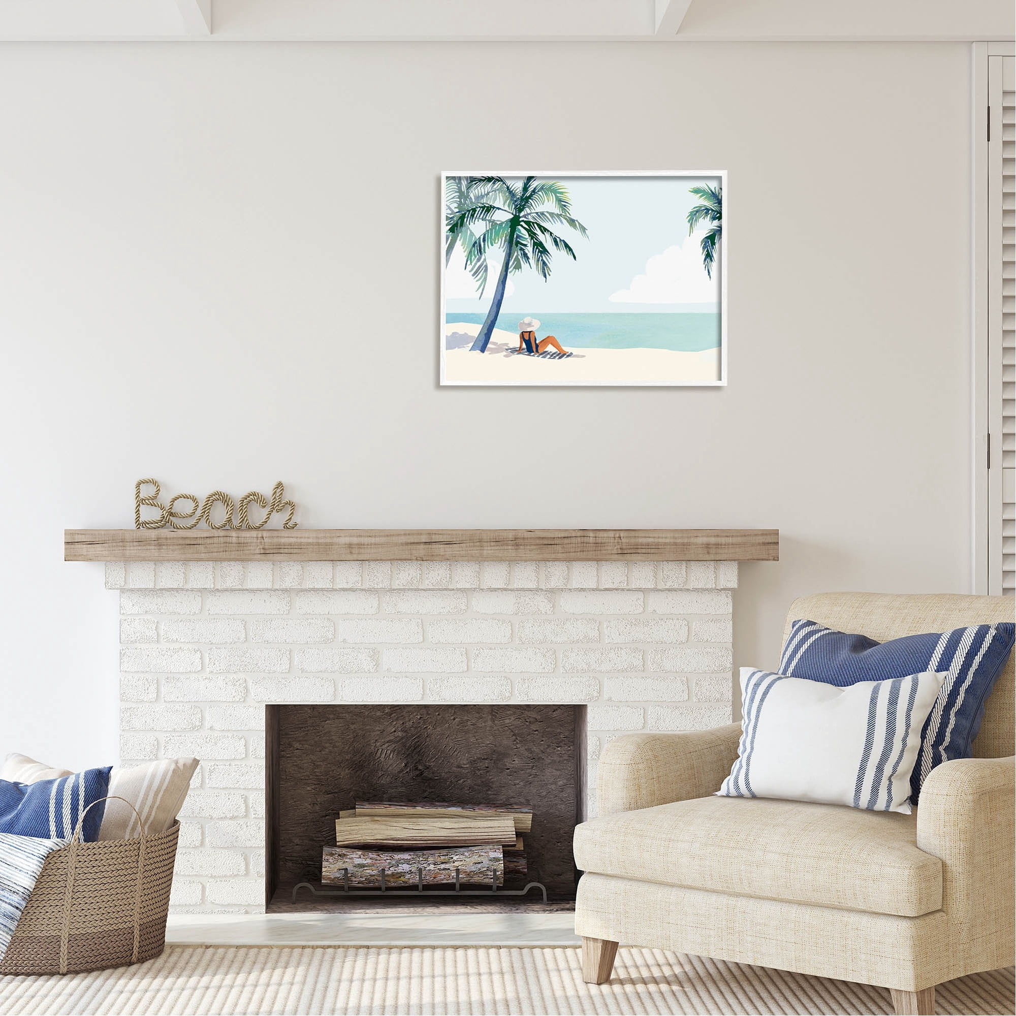 Stupell Industries Girl On Tropical Summer Beach Coastal Painting White Framed Art Print Wall Art